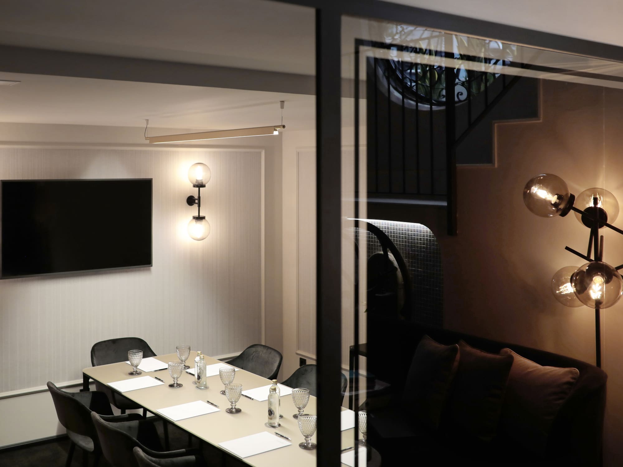 a room with a table and chairs