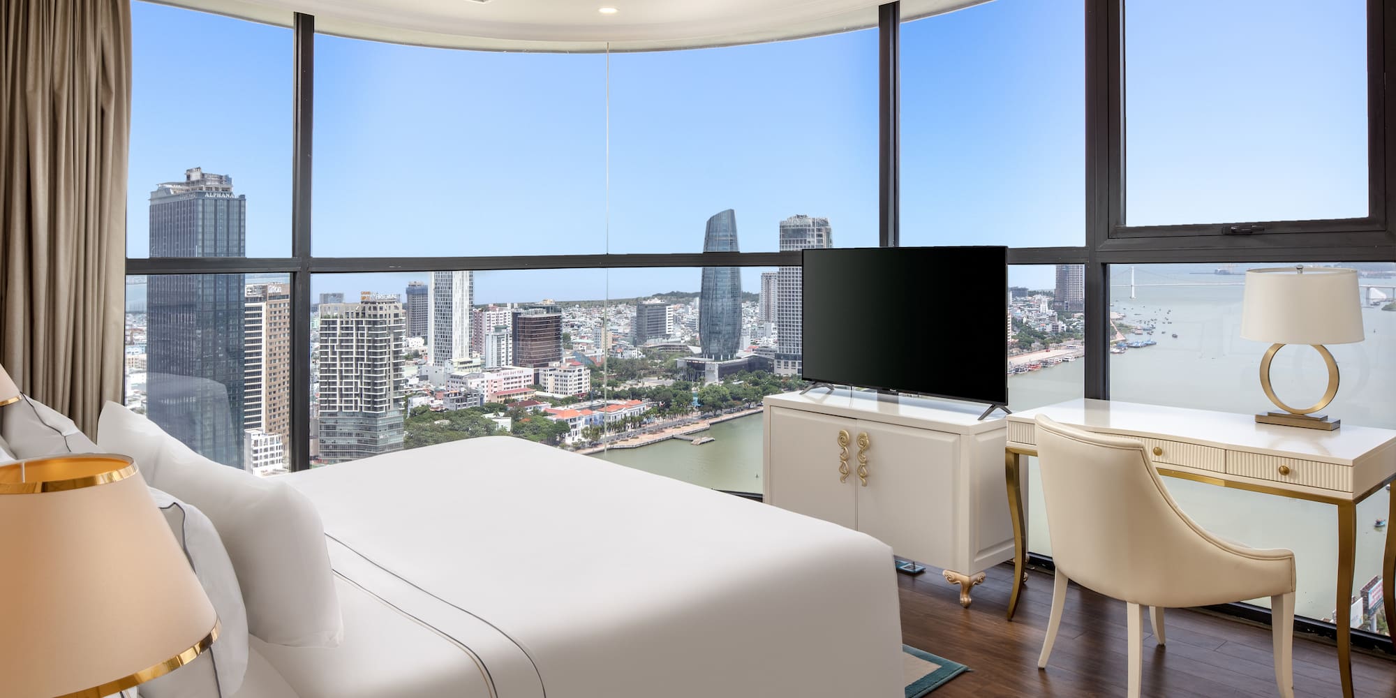 a room with a large window overlooking a city