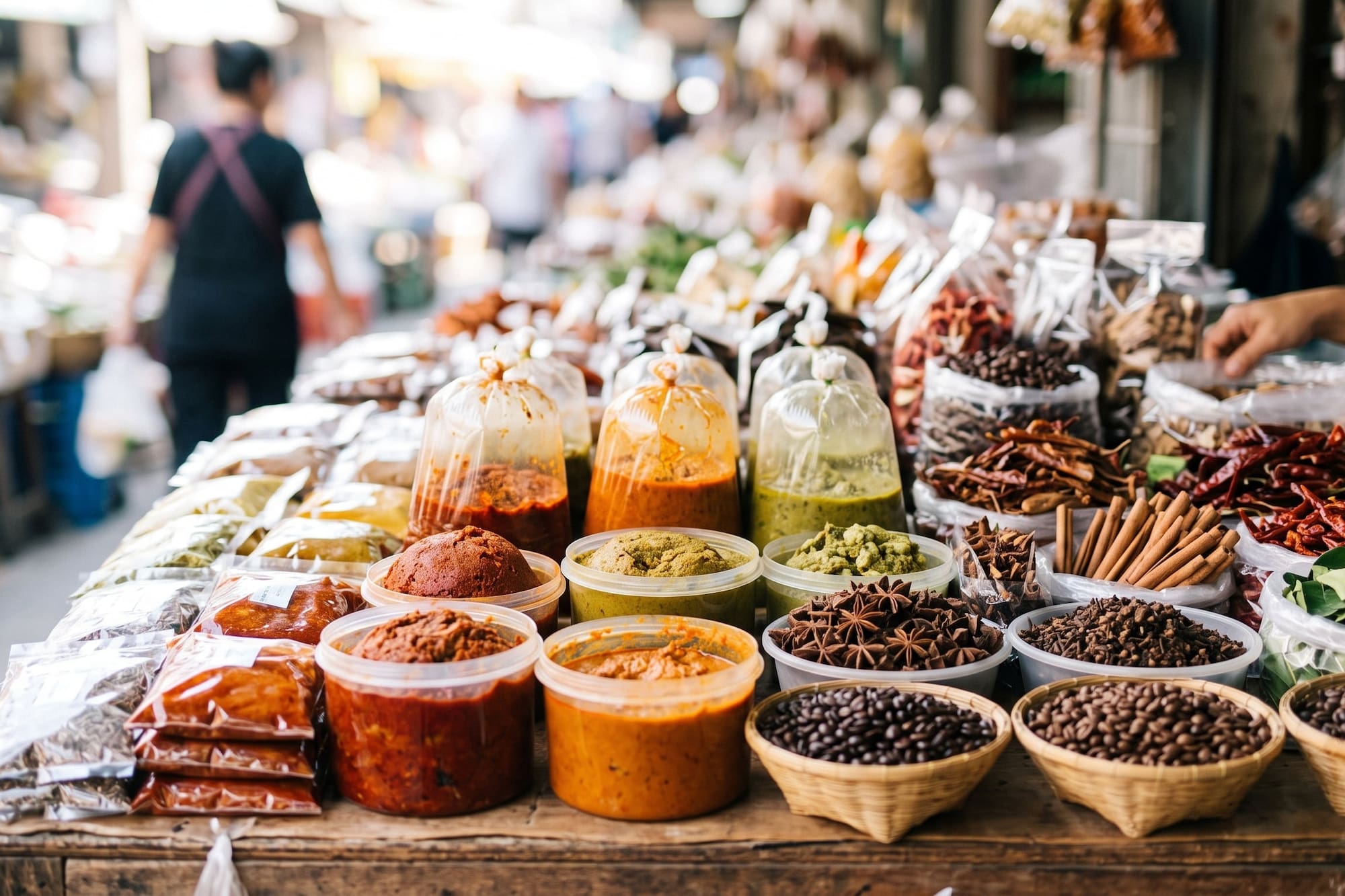 Busy market stall with various Asian spices, dried chilies, coffee, and curry pastes.