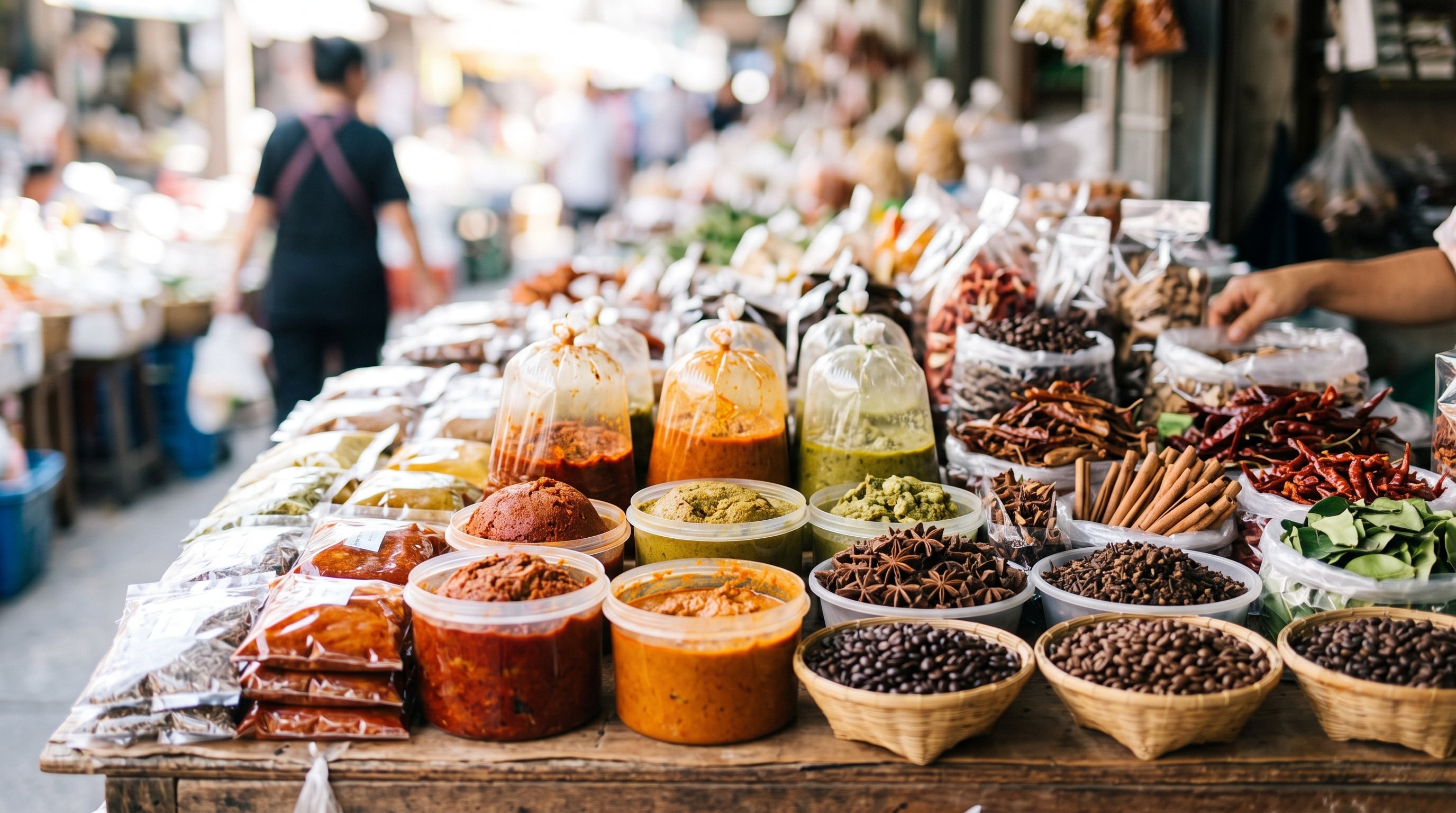 Busy market stall with various Asian spices, dried chilies, coffee, and curry pastes.