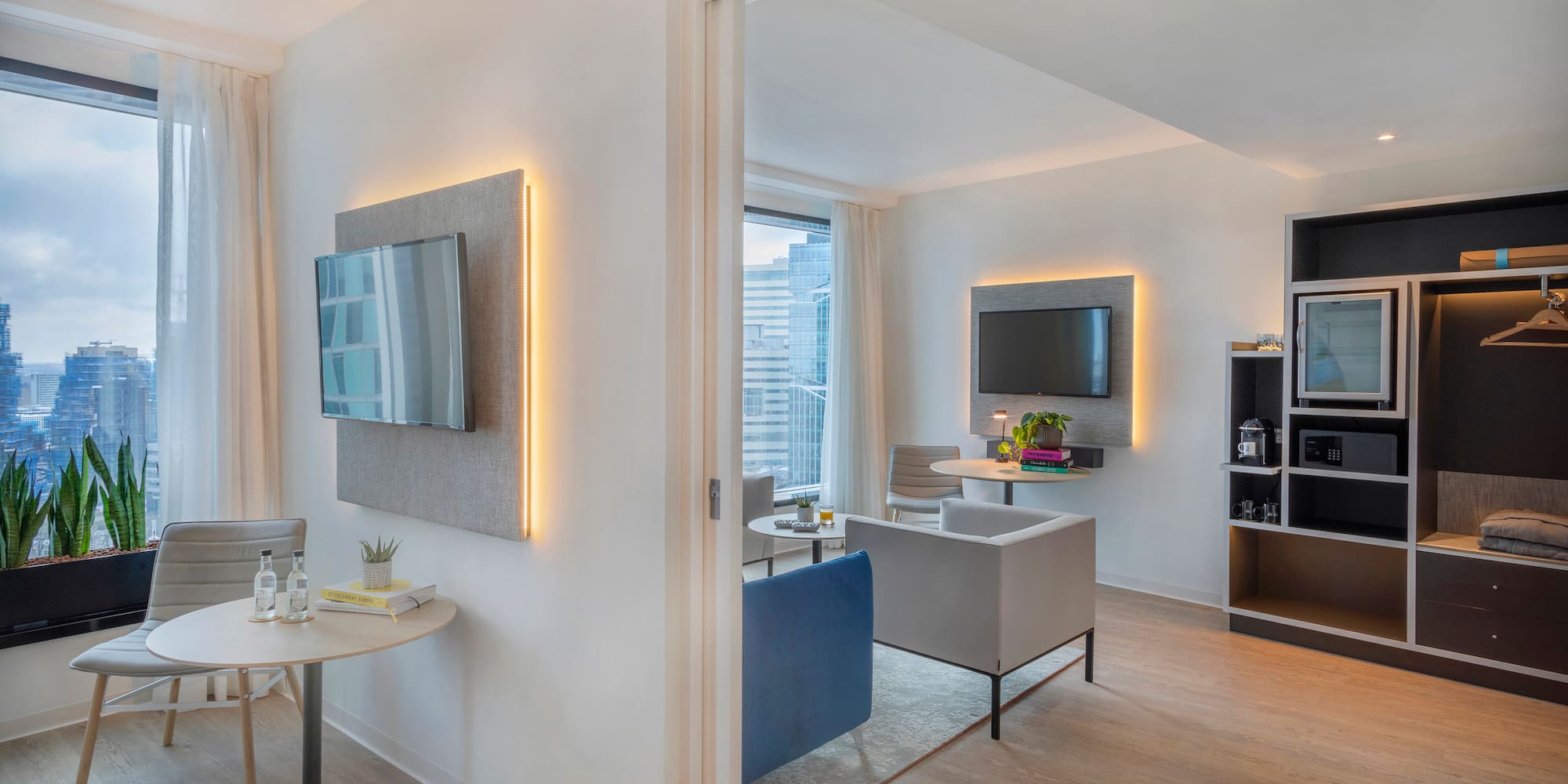 a room with a tv and a table