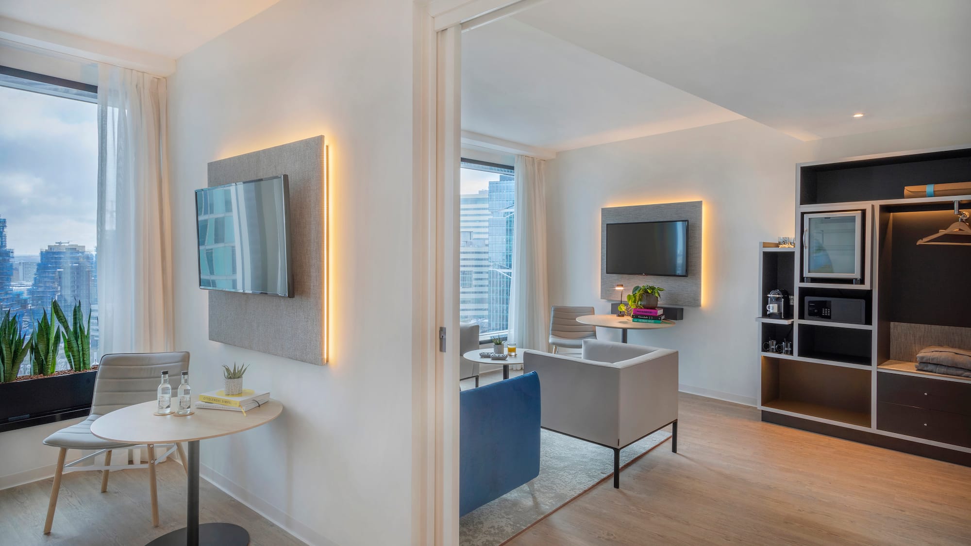 a room with a tv and a table