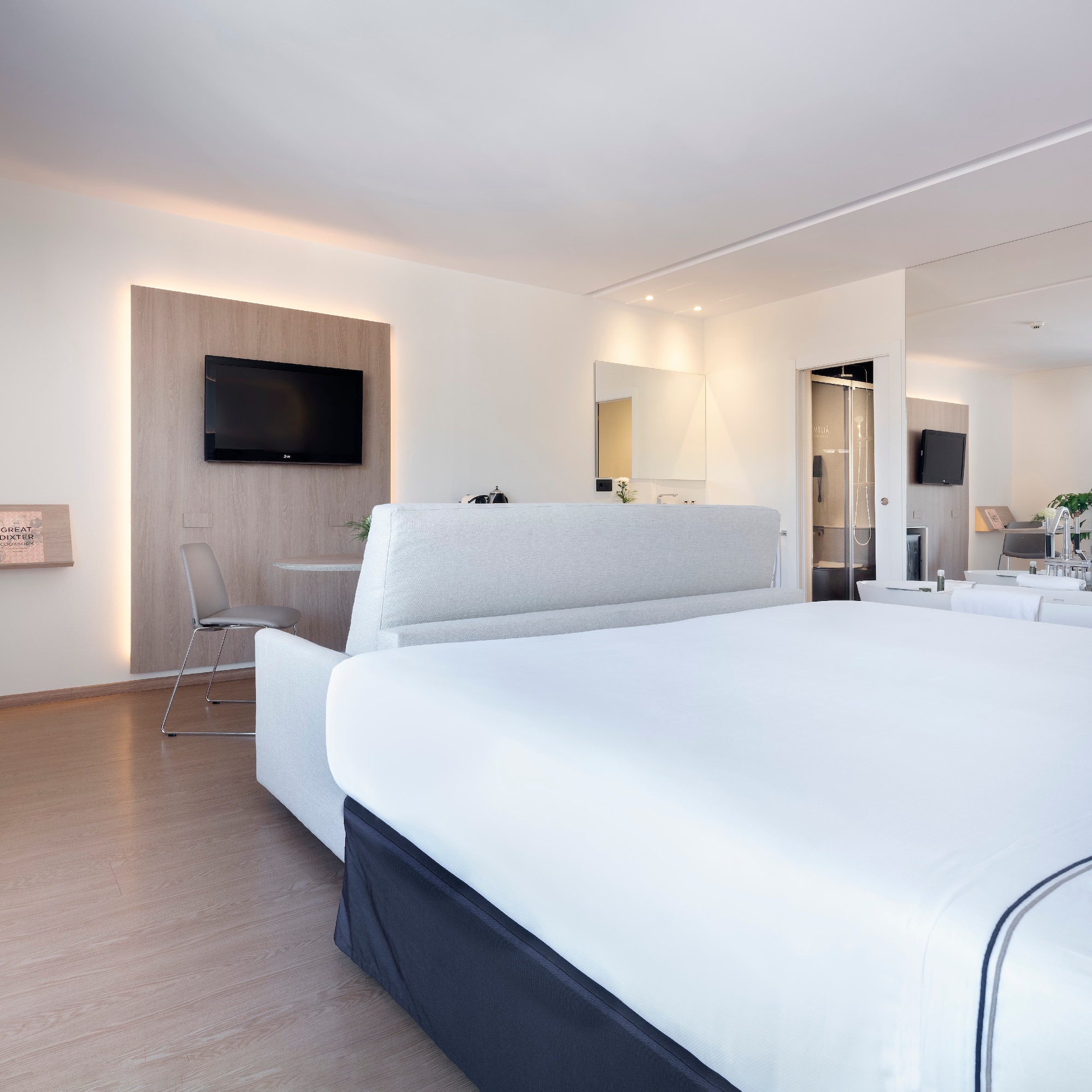 a room with a bed and a television