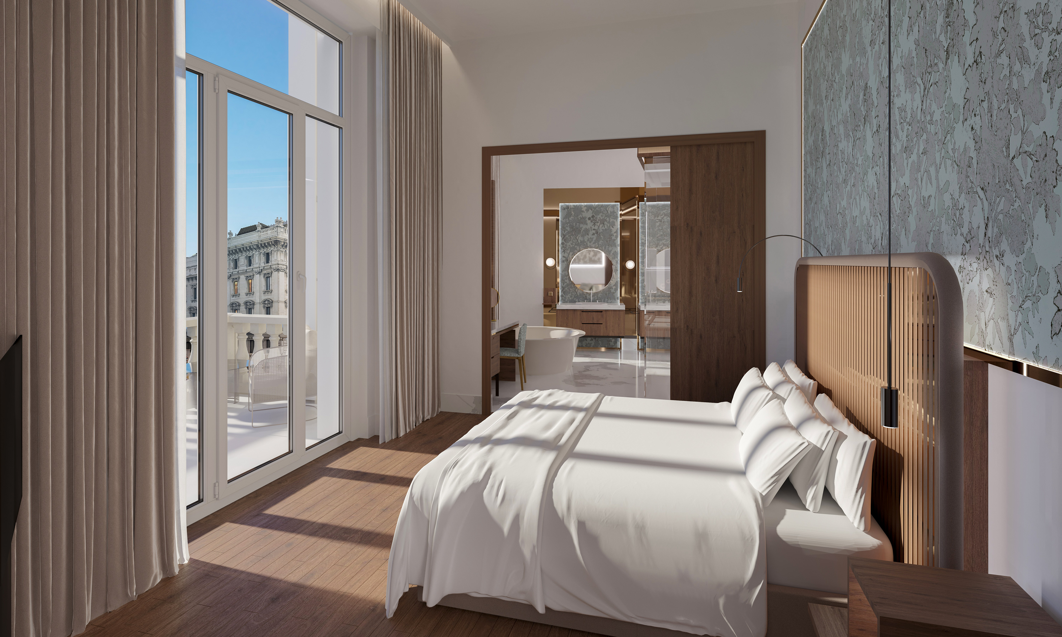 a bedroom with a bed and a wood floor