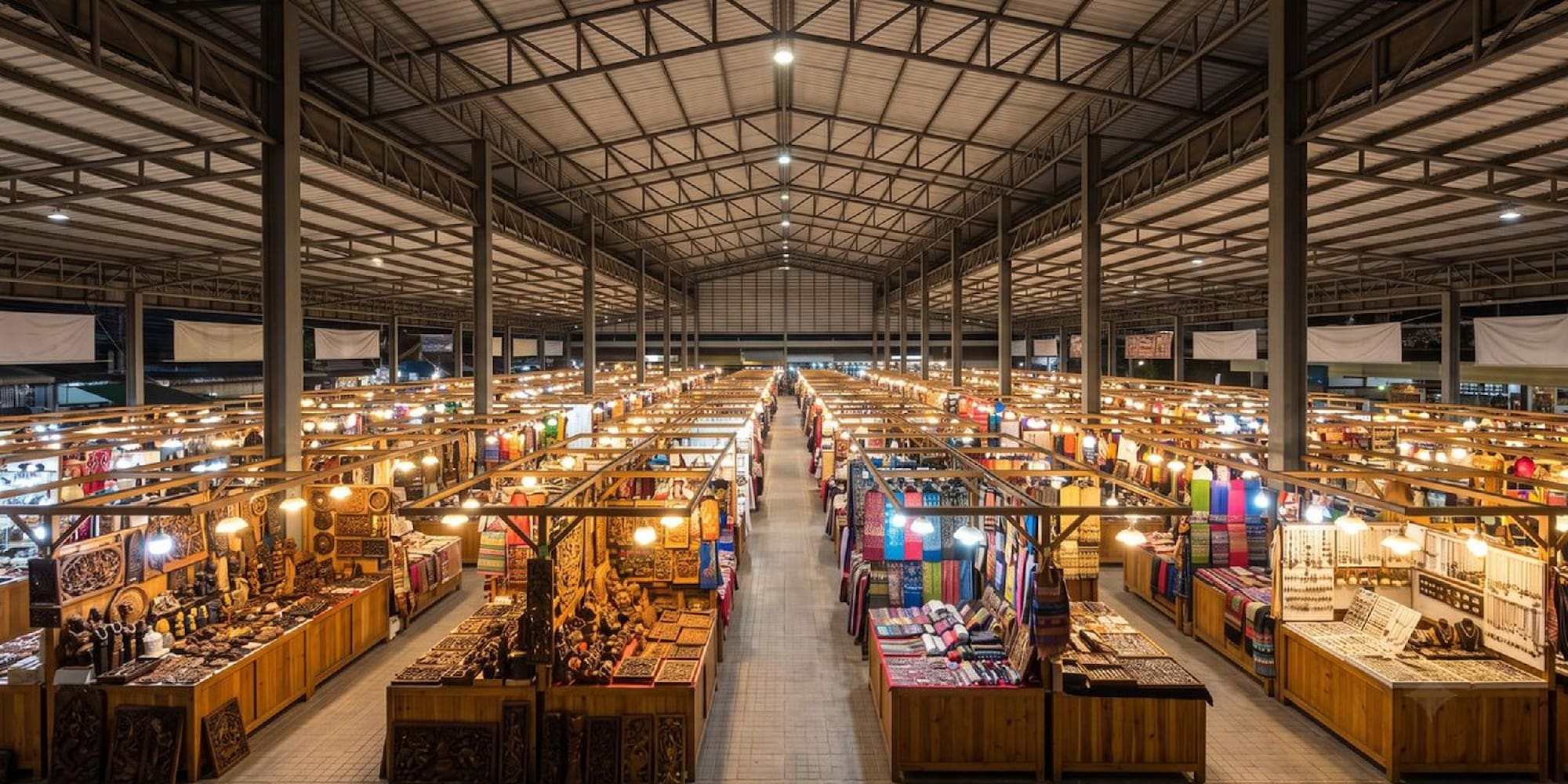 Vibrant indoor night market with rows of stalls displaying crafts and textiles.
