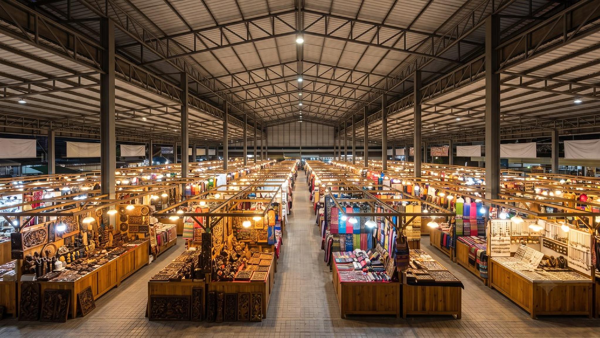 Vibrant indoor night market with rows of stalls displaying crafts and textiles.