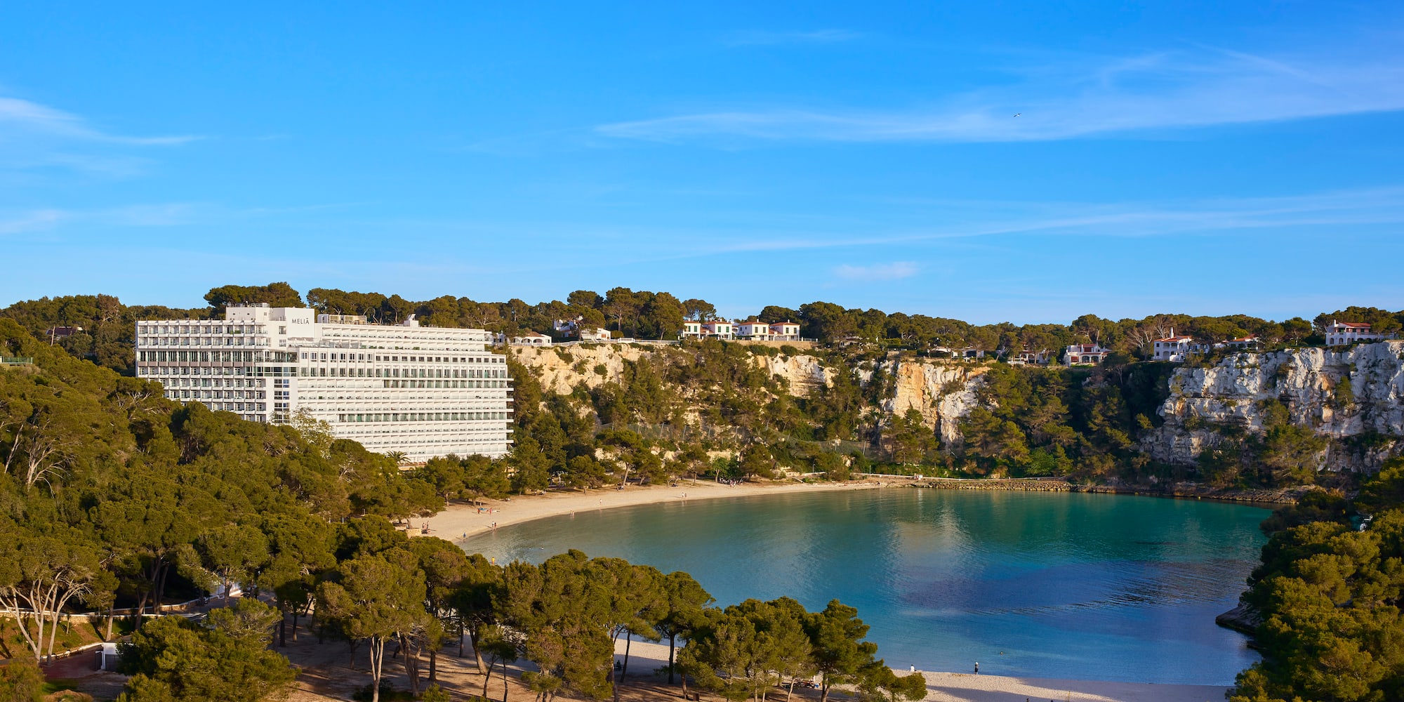 a beach with trees and buildings on the side