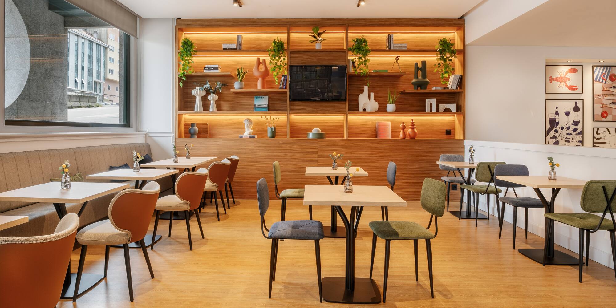 a room with tables and chairs