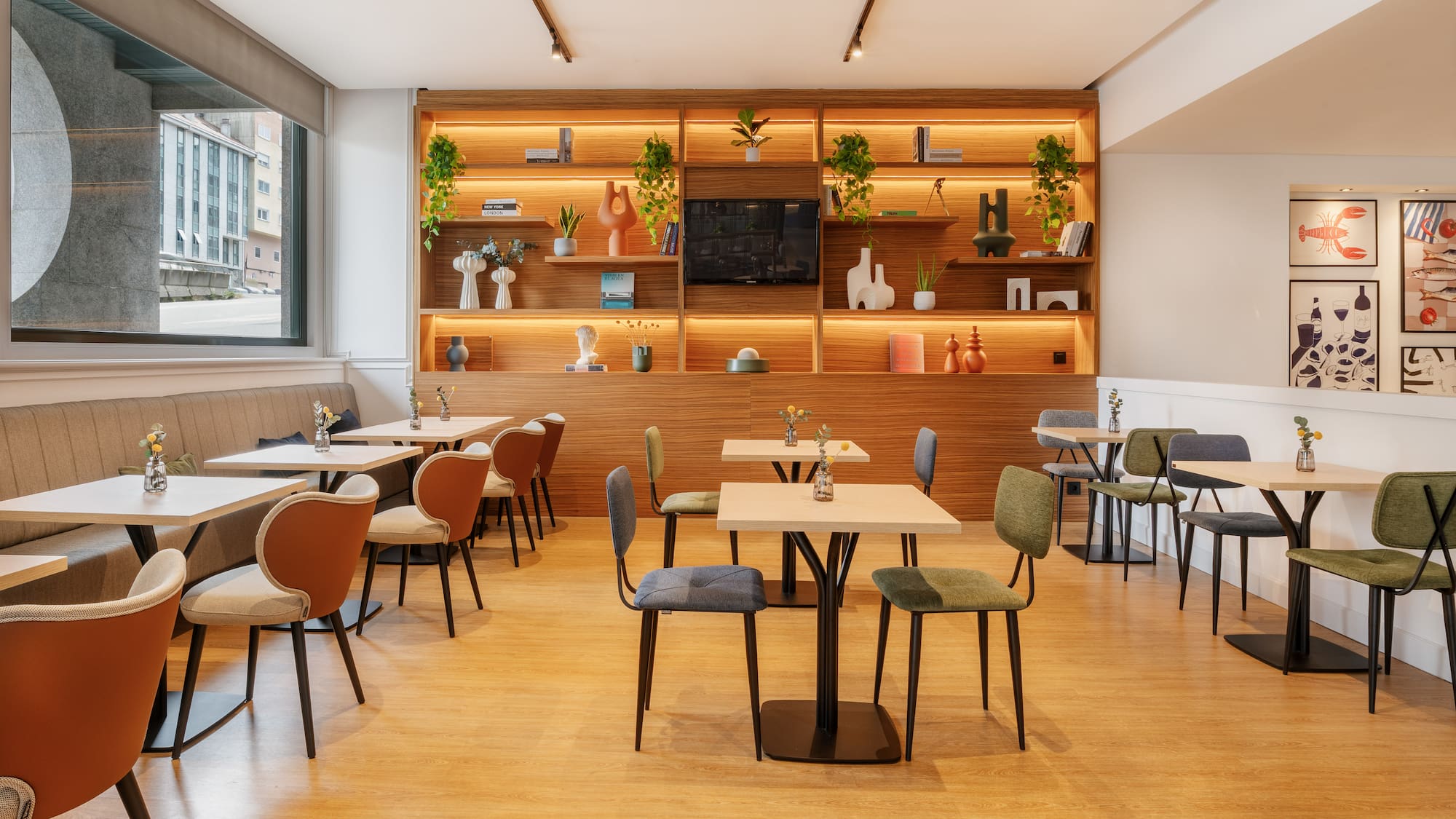 a room with tables and chairs