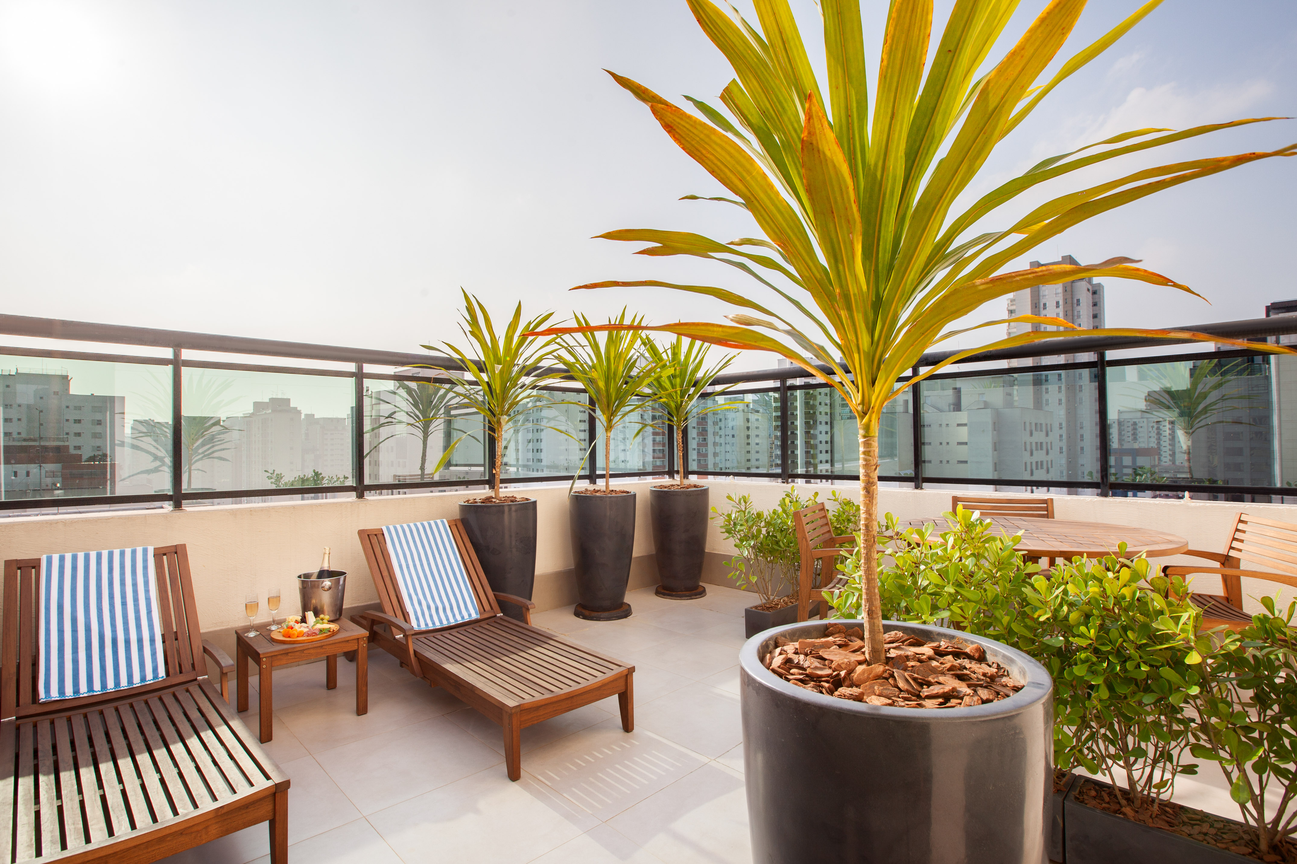 Rooftop terrace with sun loungers, champagne bucket, potted plants, and city view.
