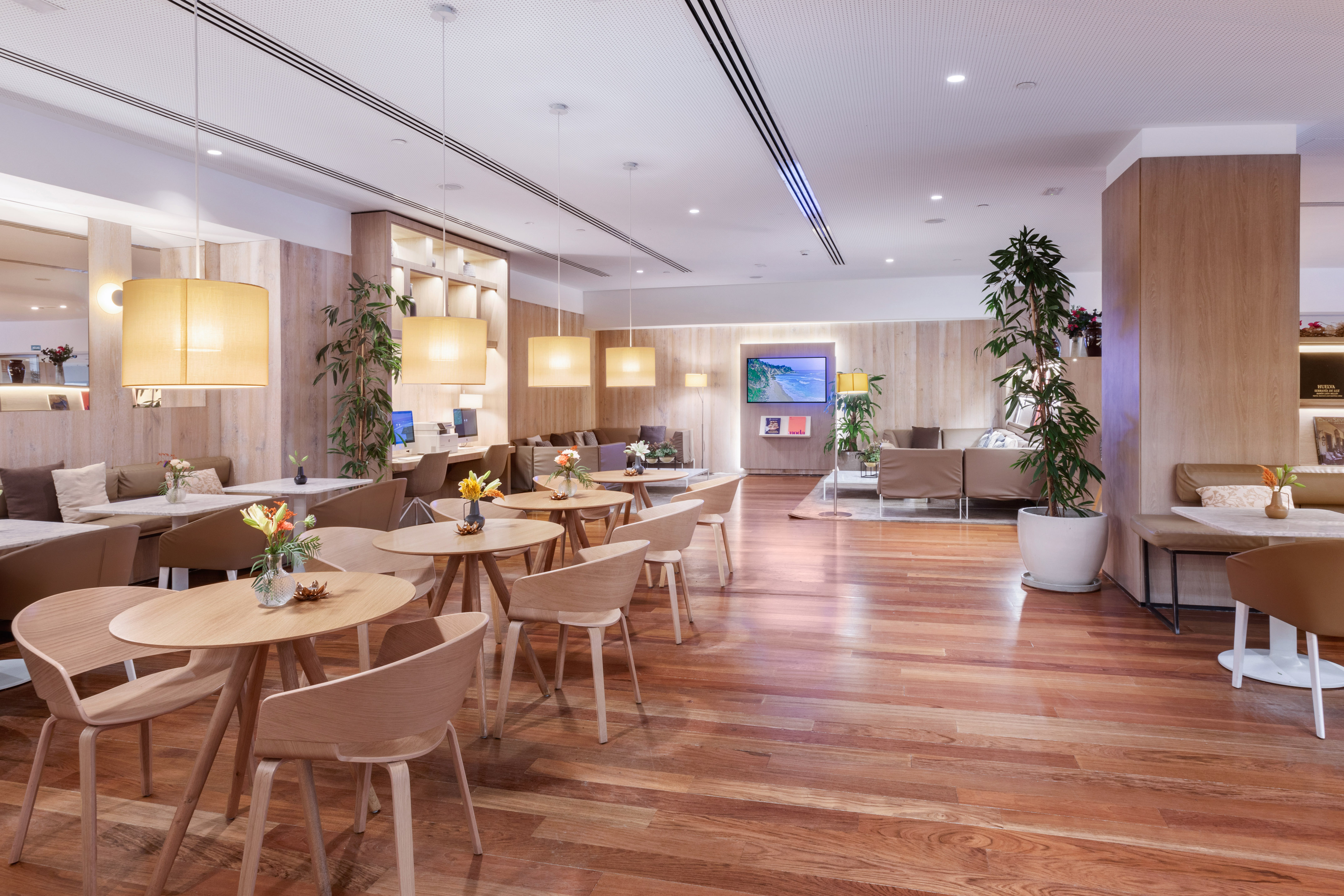 a room with tables and chairs