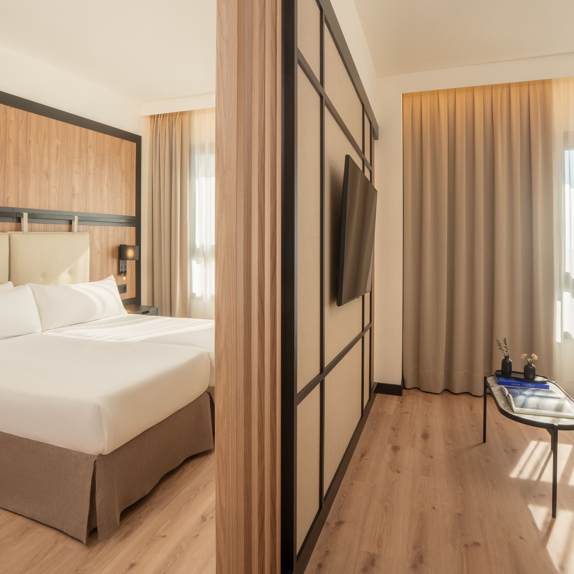 a room with a bed and a tv