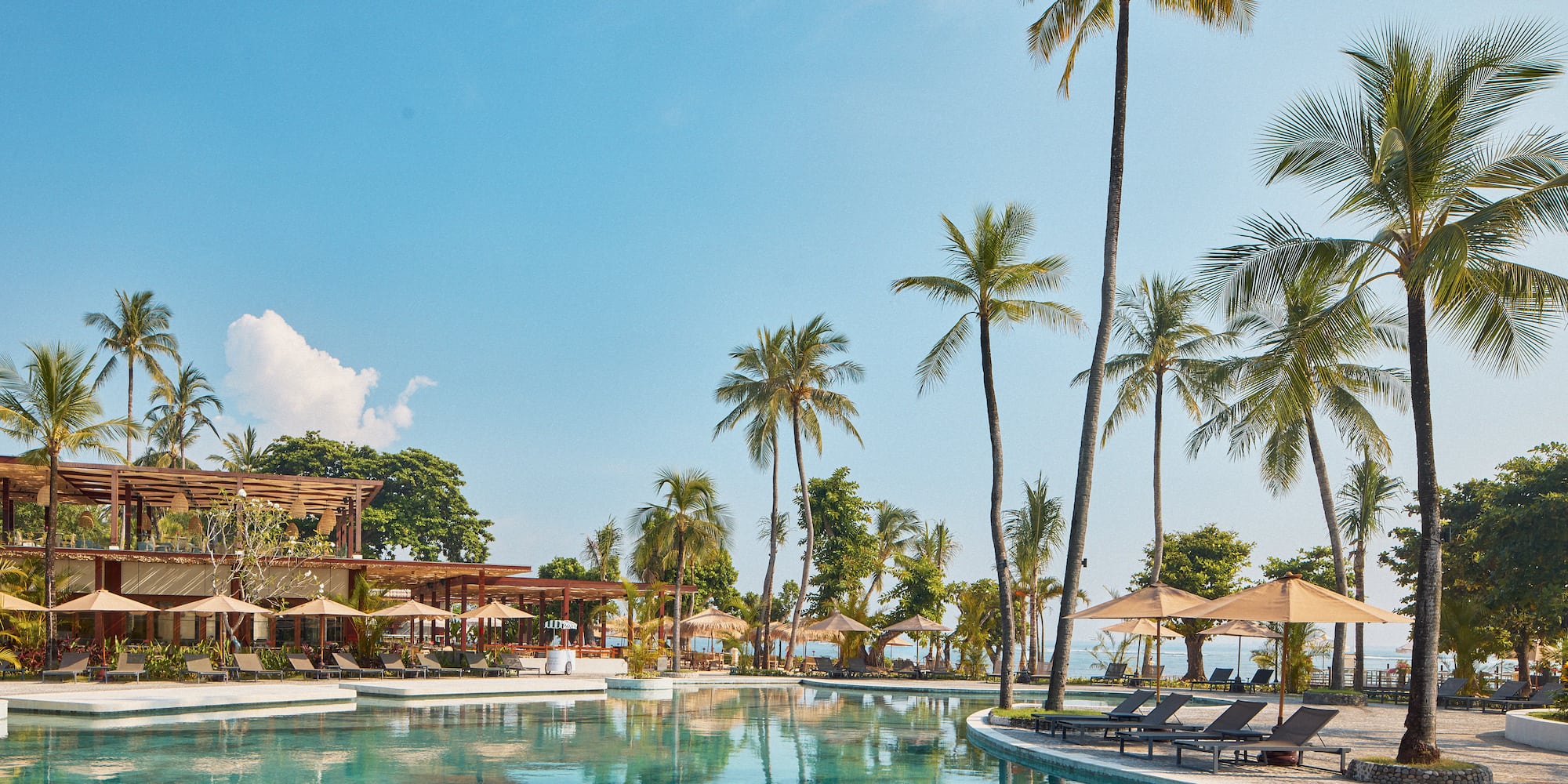 a pool with lounge chairs and palm trees