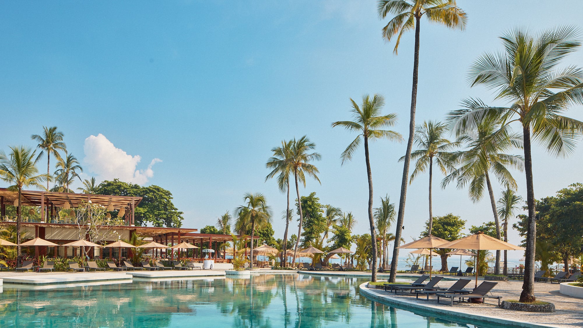 a pool with lounge chairs and palm trees
