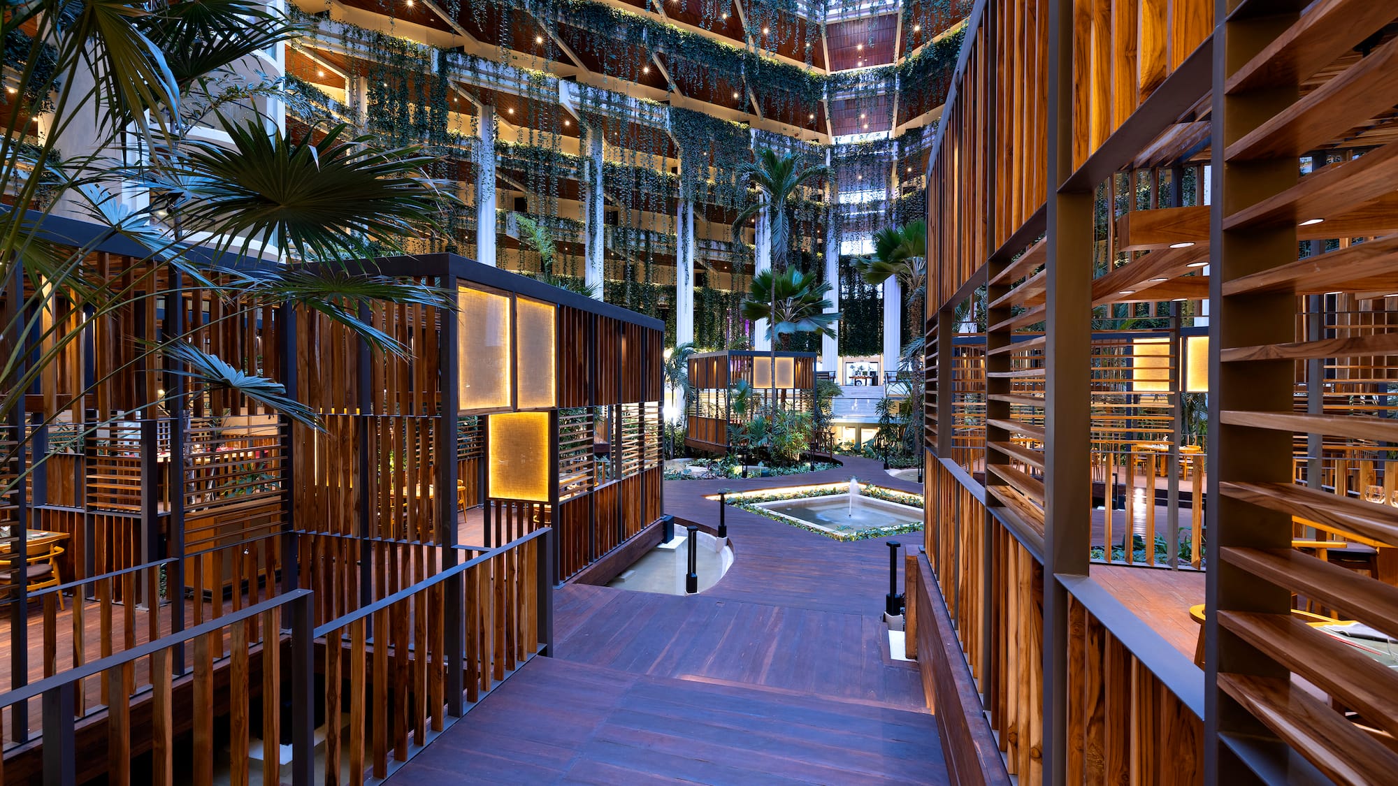 a wood walkway in a building