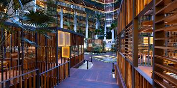 a wood walkway in a building