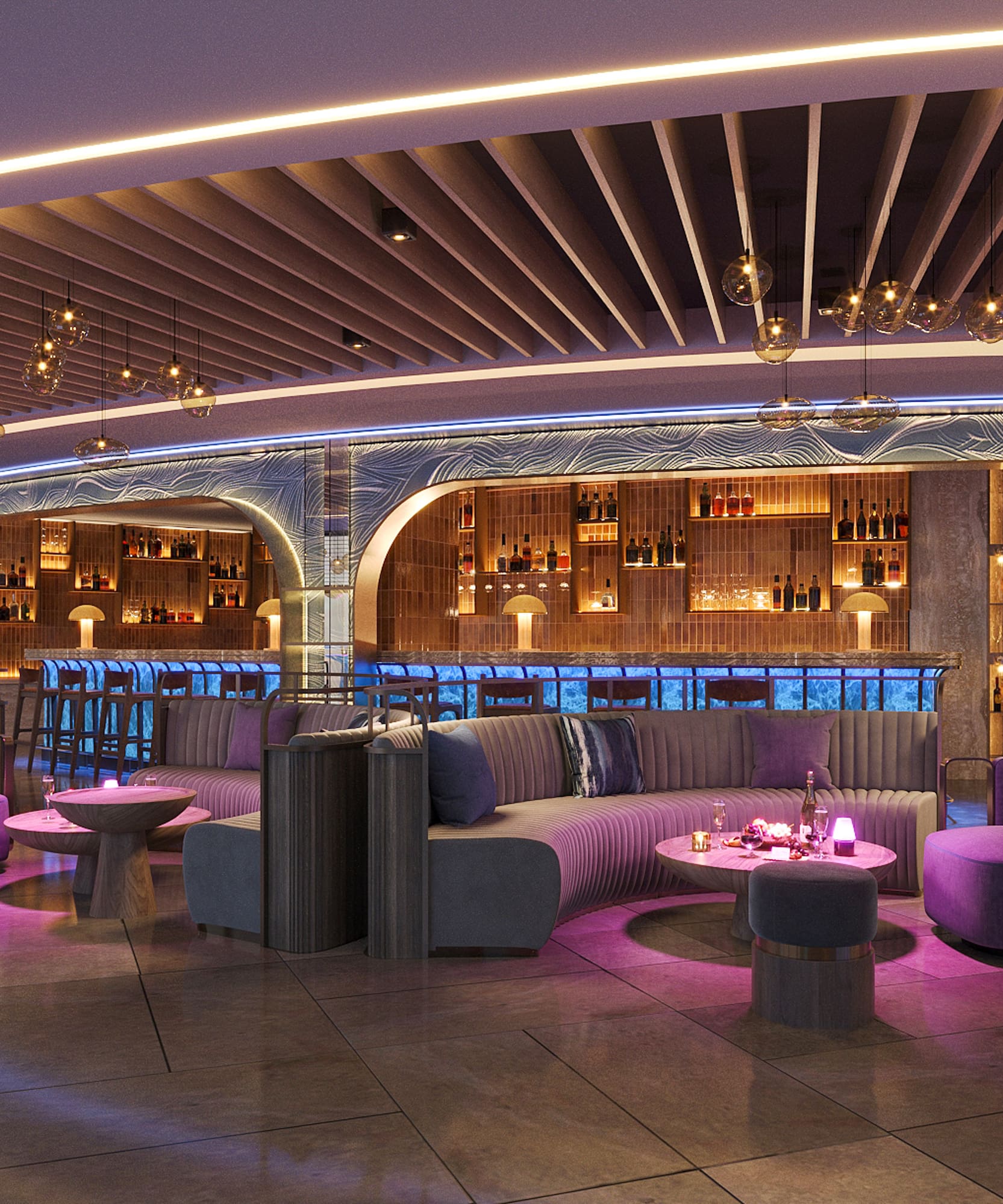 a room with purple furniture and a bar