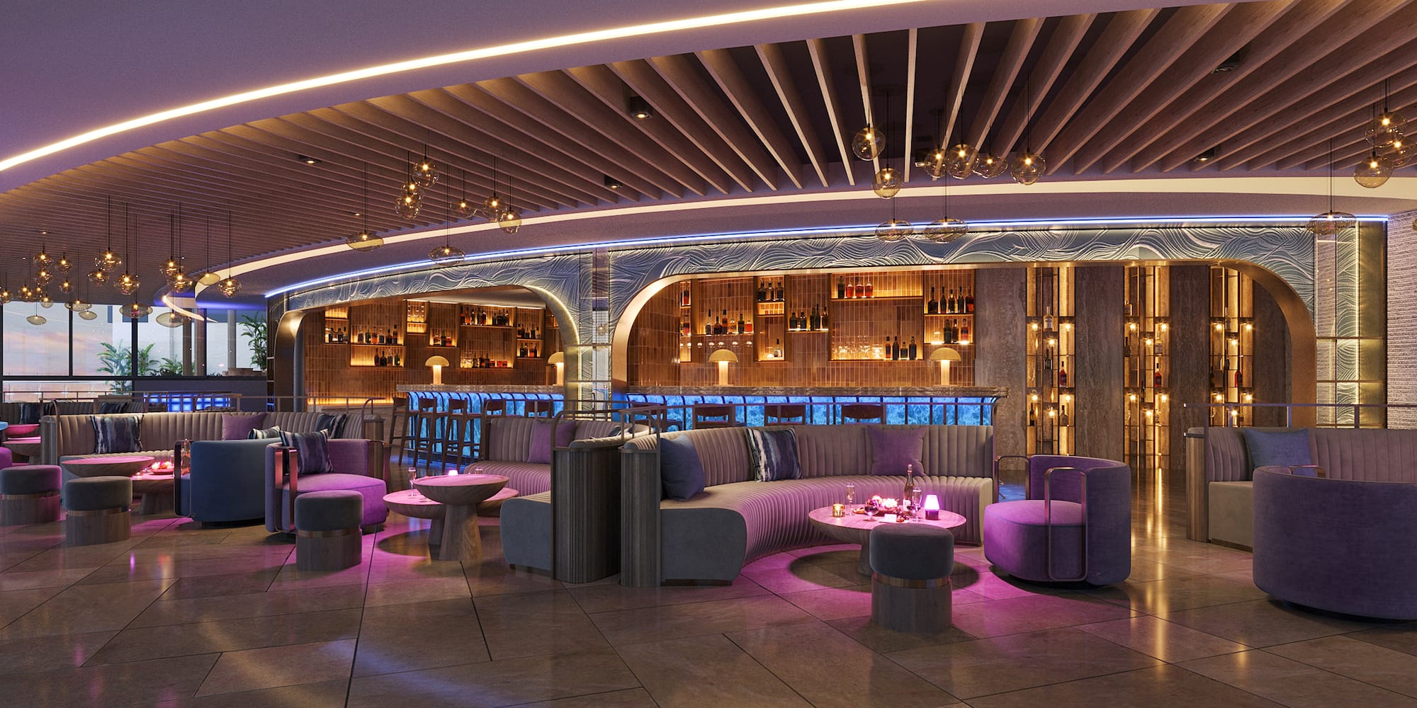 a large room with tables and chairs