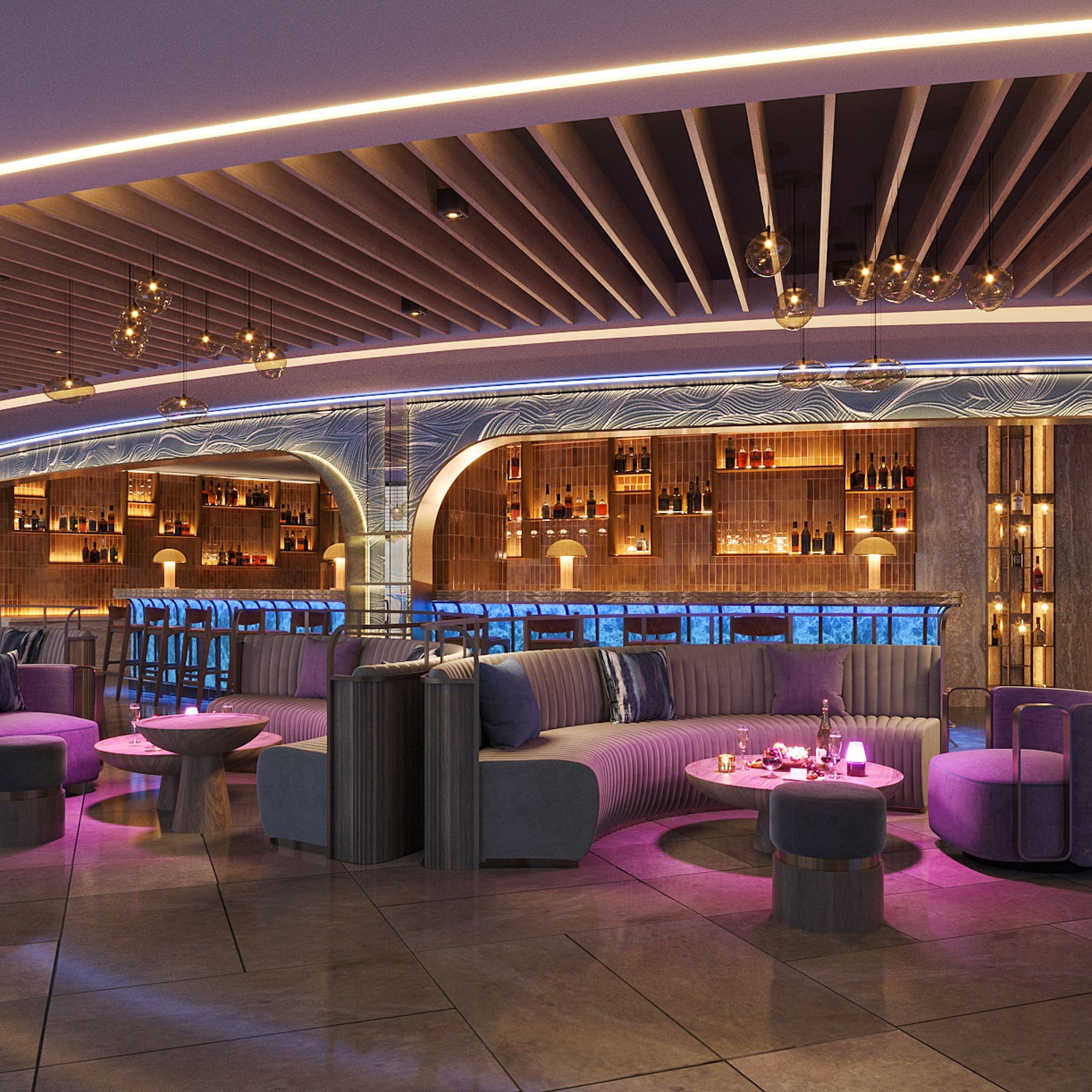 Modern luxury lounge bar with vibrant purple and blue lighting, elegant seating.
