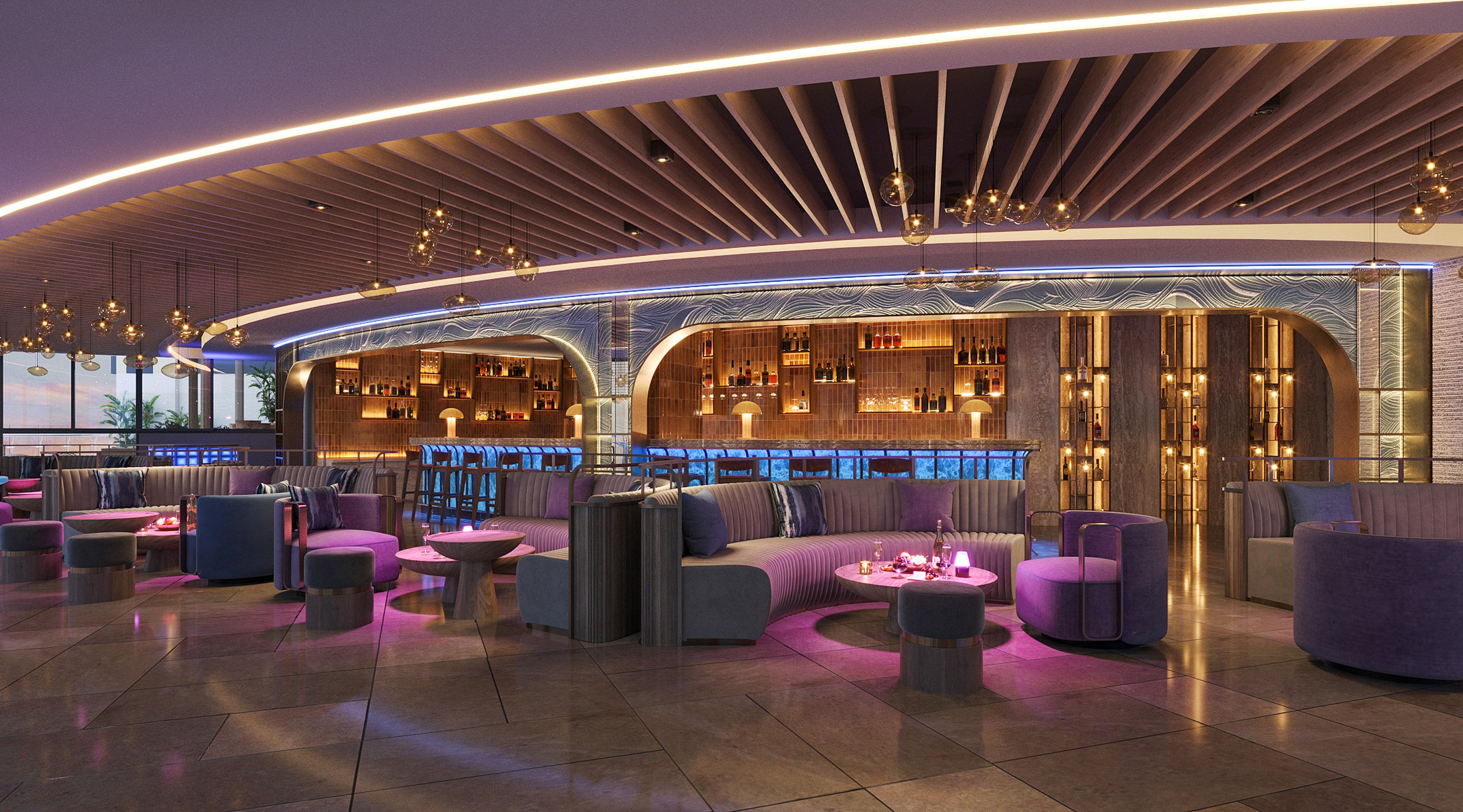 a room with purple furniture and a bar