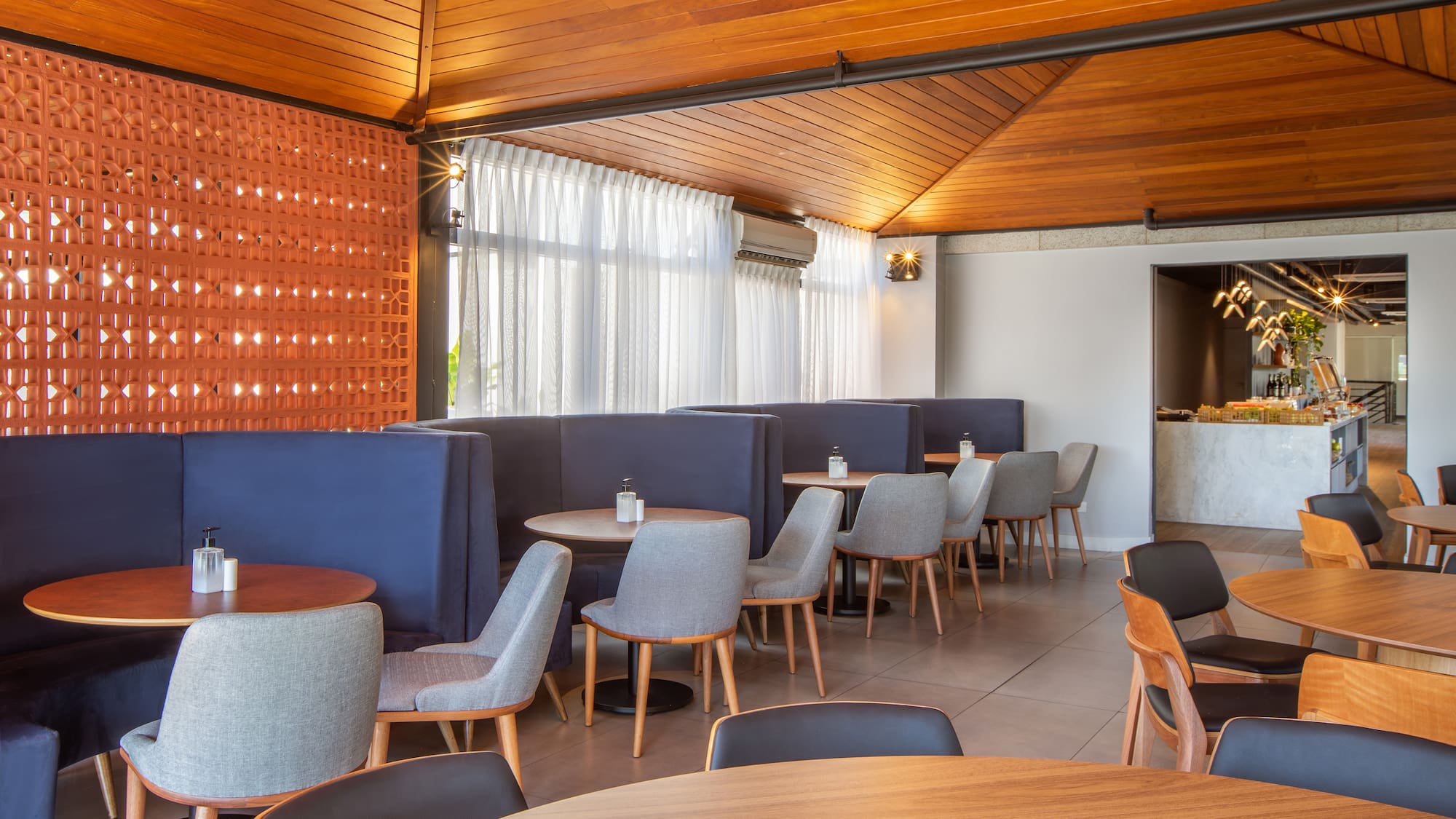 a room with tables and chairs