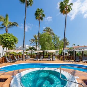 a hot tub with a pool and palm trees
