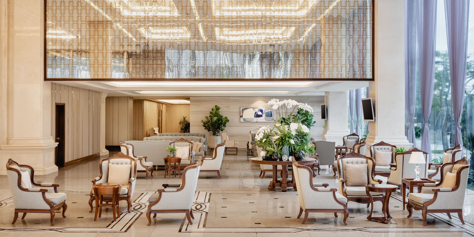 a room with chairs and tables