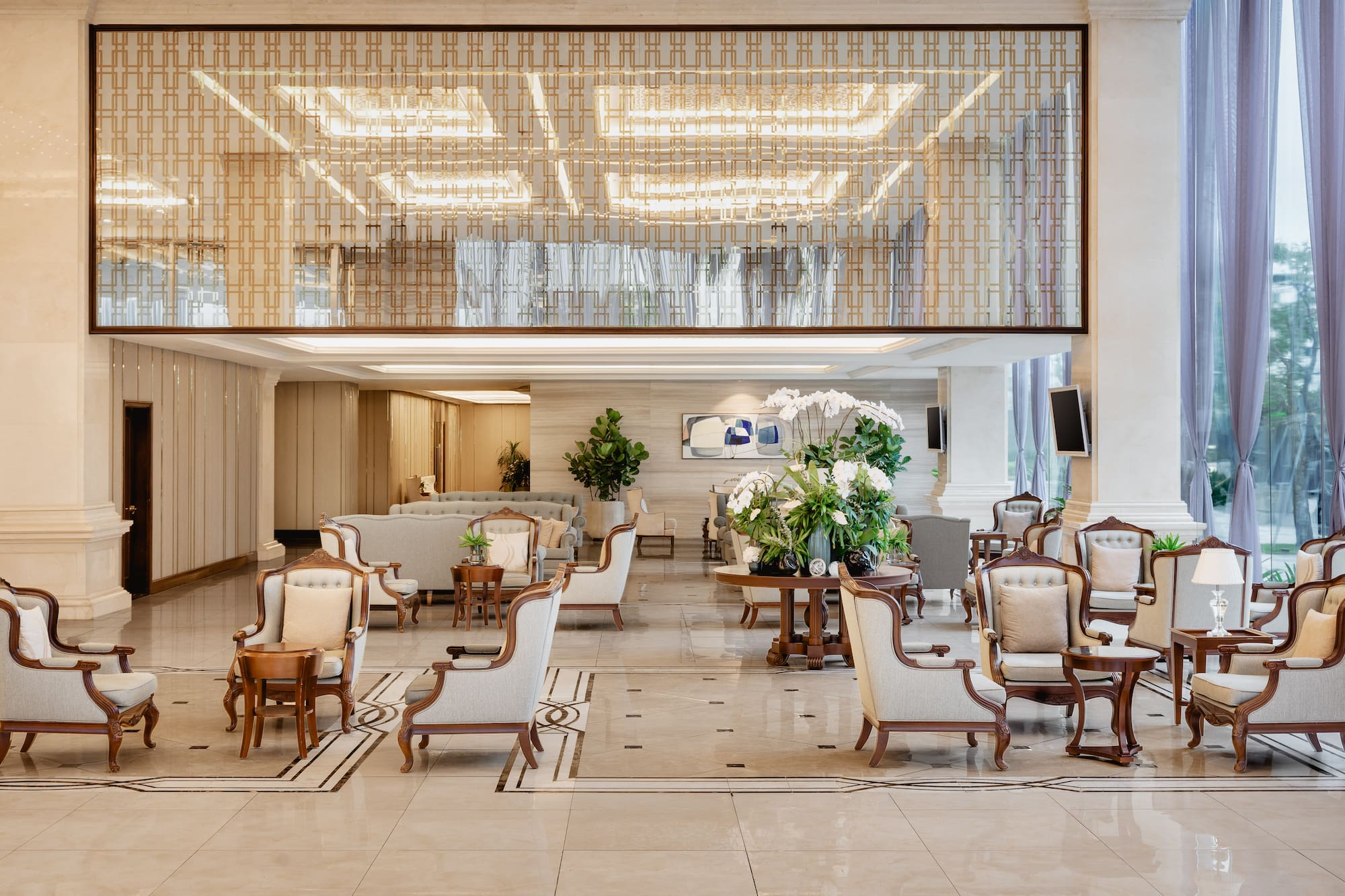 a room with chairs and tables