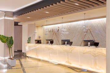 a reception desk in a hotel