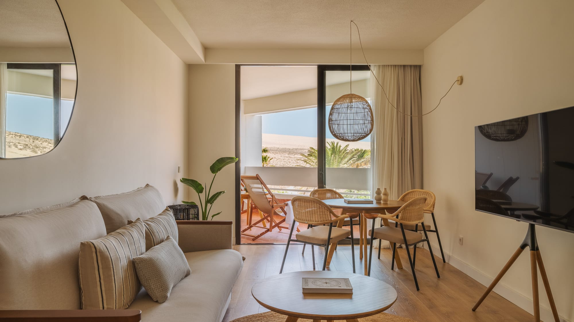 a living room with a couch and table