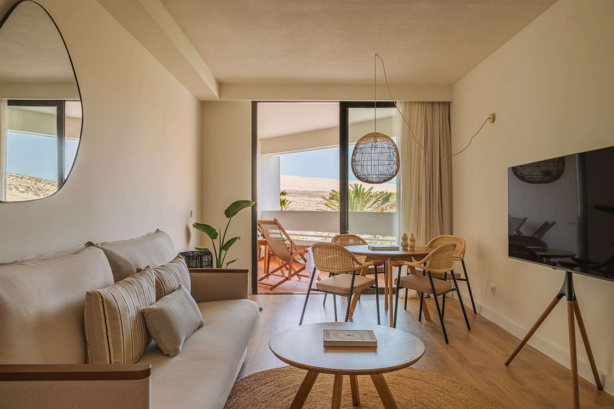 a living room with a couch and table