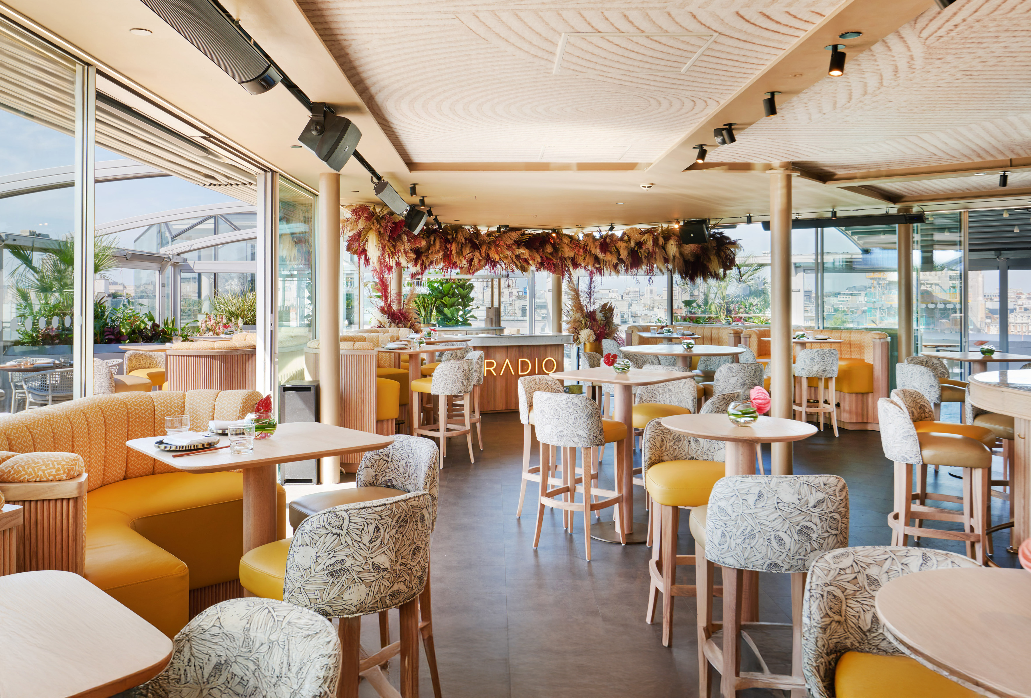 a room with tables and chairs