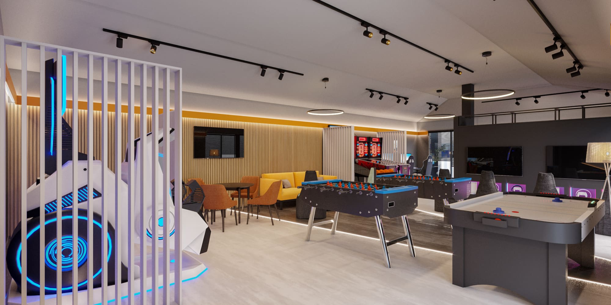 a room with a table and chairs