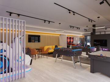 a room with a table and chairs