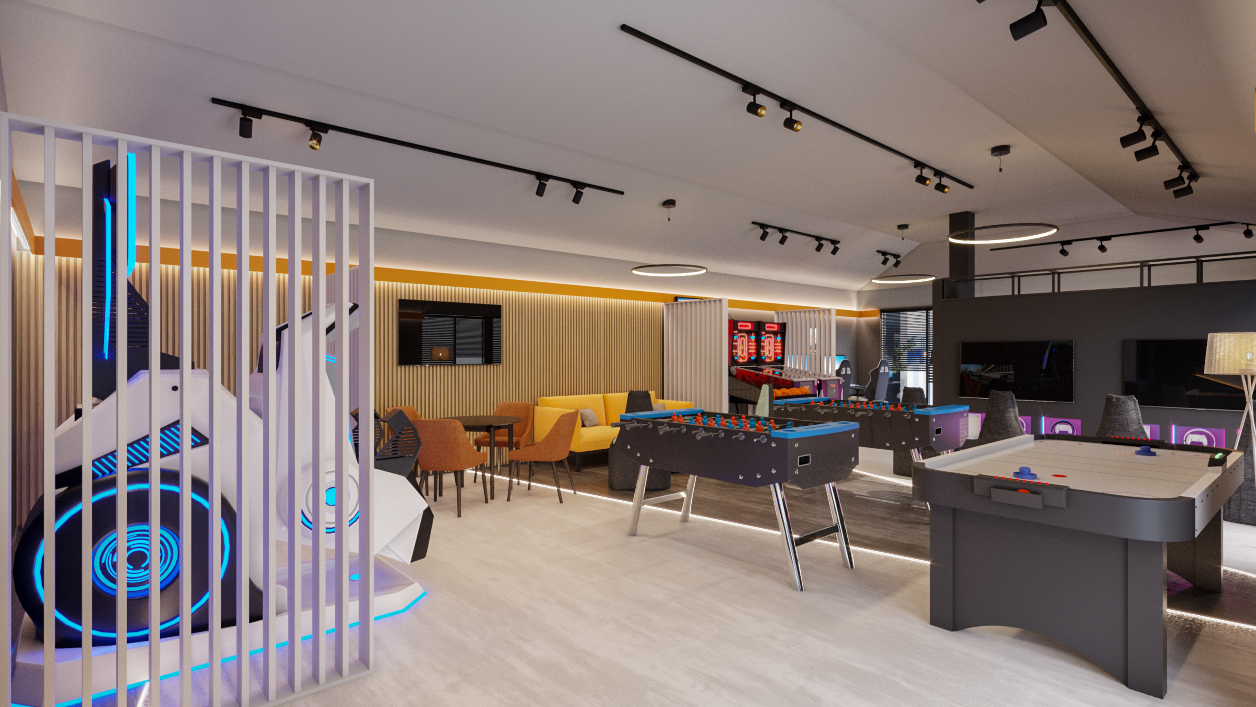 a room with a table and chairs