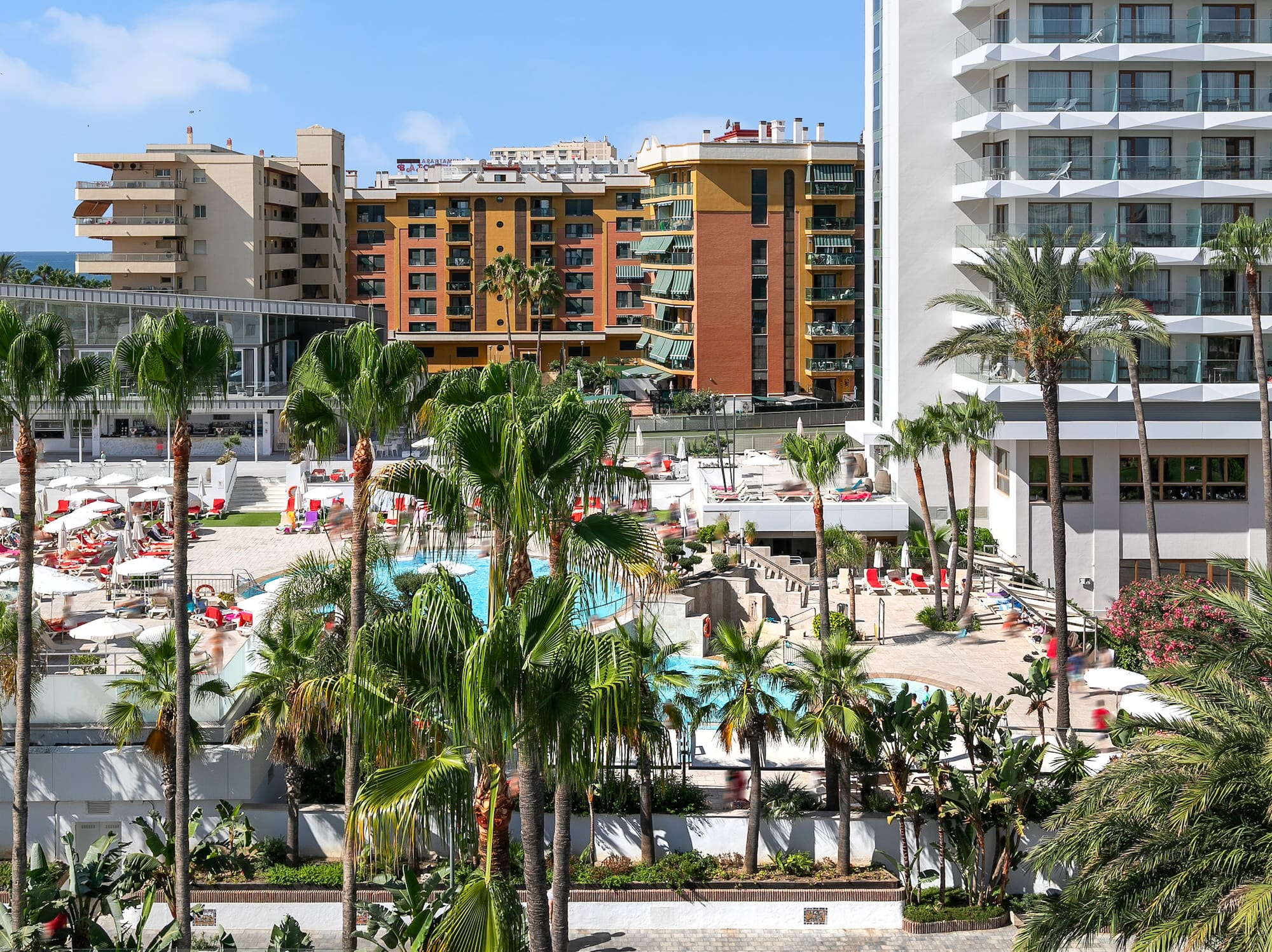 a pool and palm trees in front of buildings