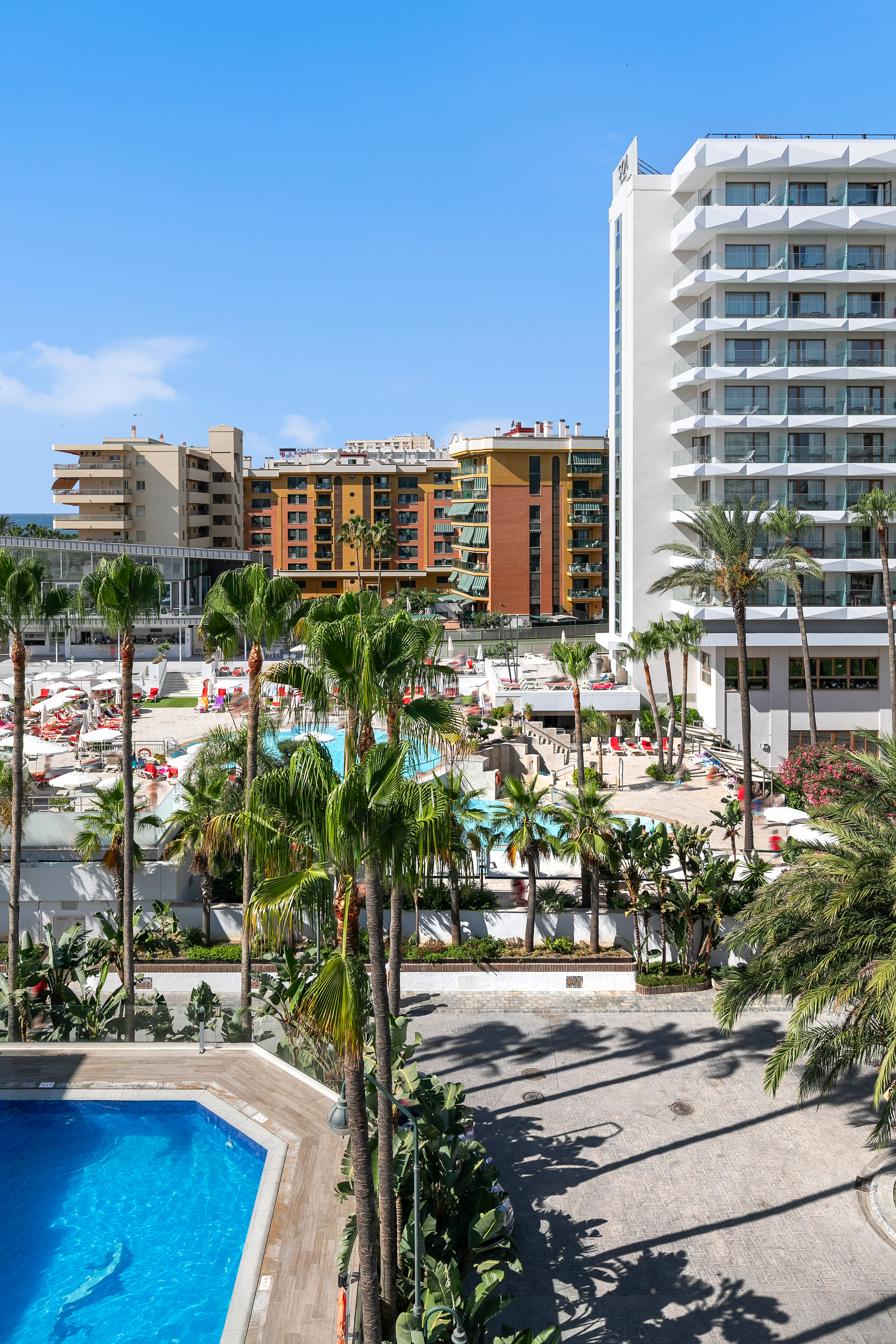a pool and palm trees in front of buildings