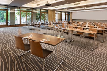 a room with tables and chairs