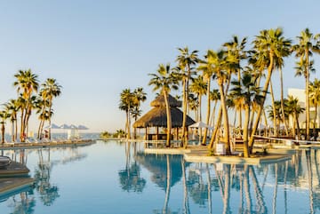 a pool with palm trees and a hut