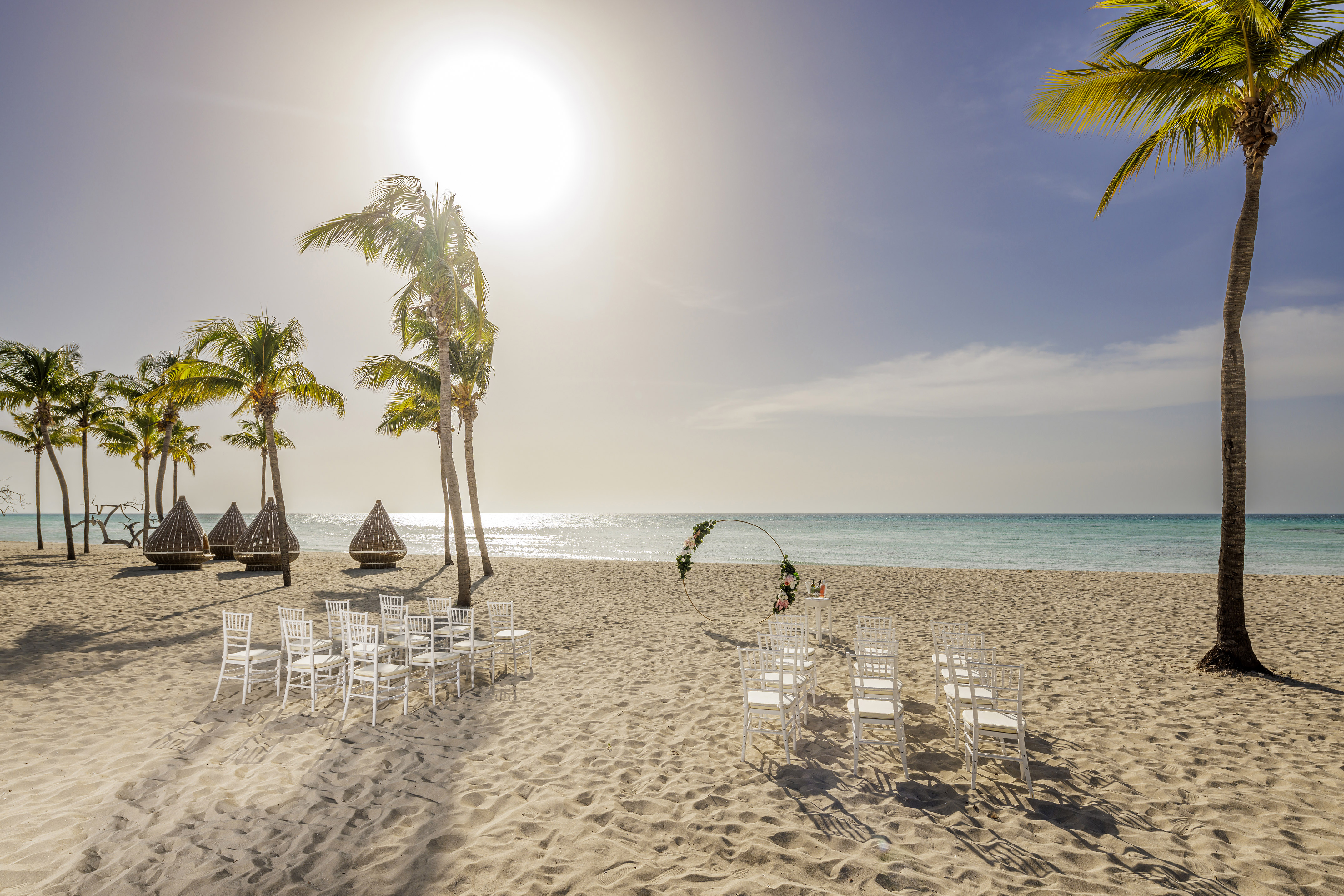 a beach with chairs and palm trees
