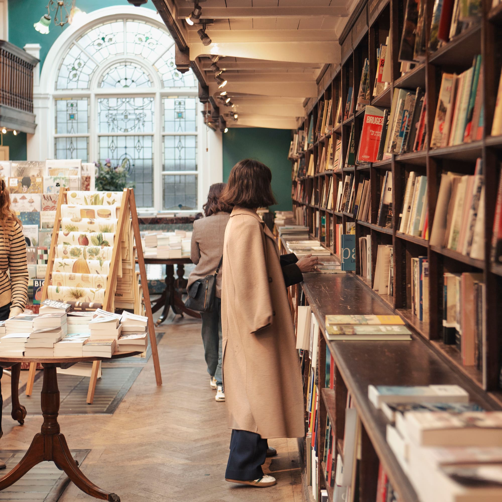 a group of people in a library