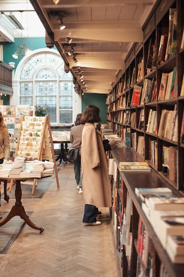 a group of people in a library