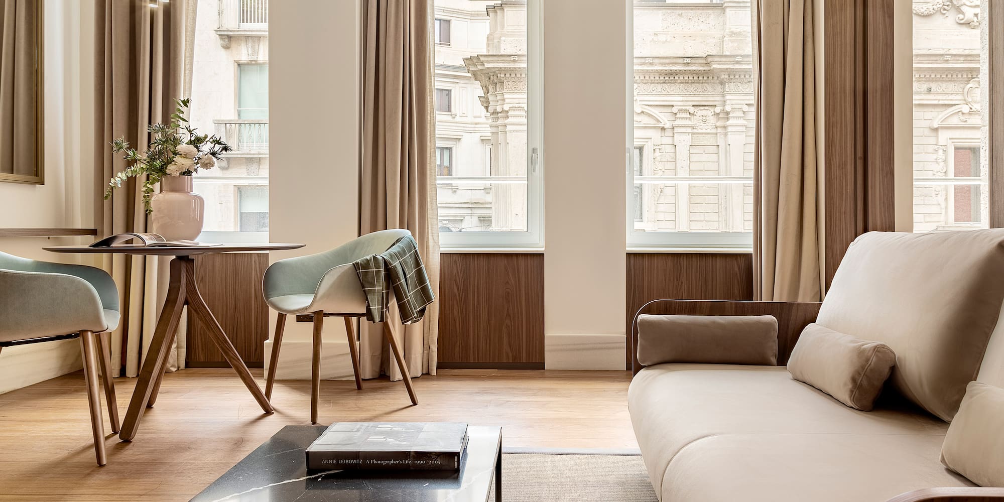 a living room with a couch and a table