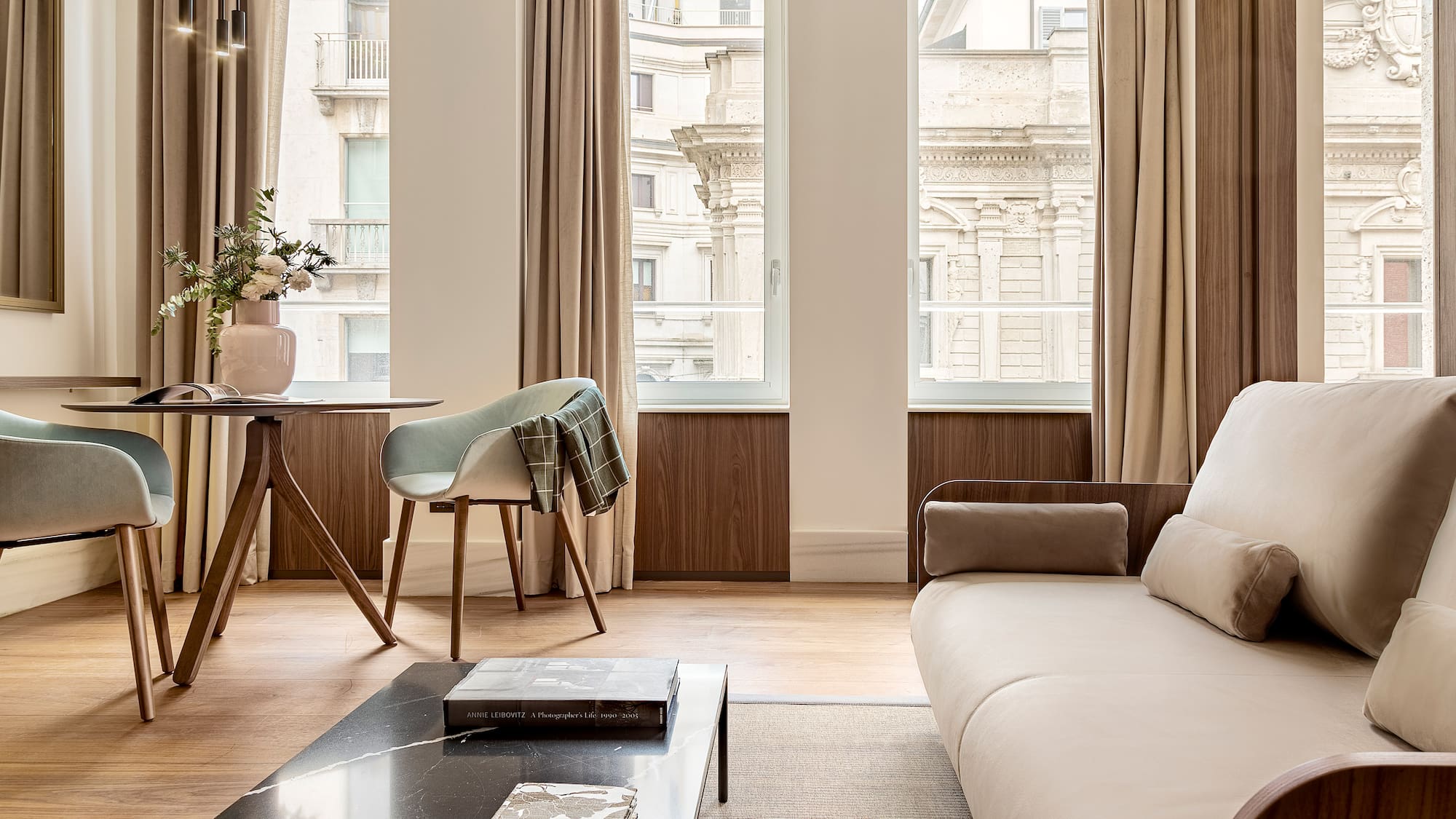 a living room with a couch and a table