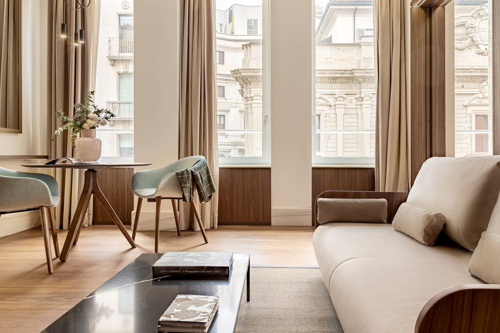 a living room with a couch and a table