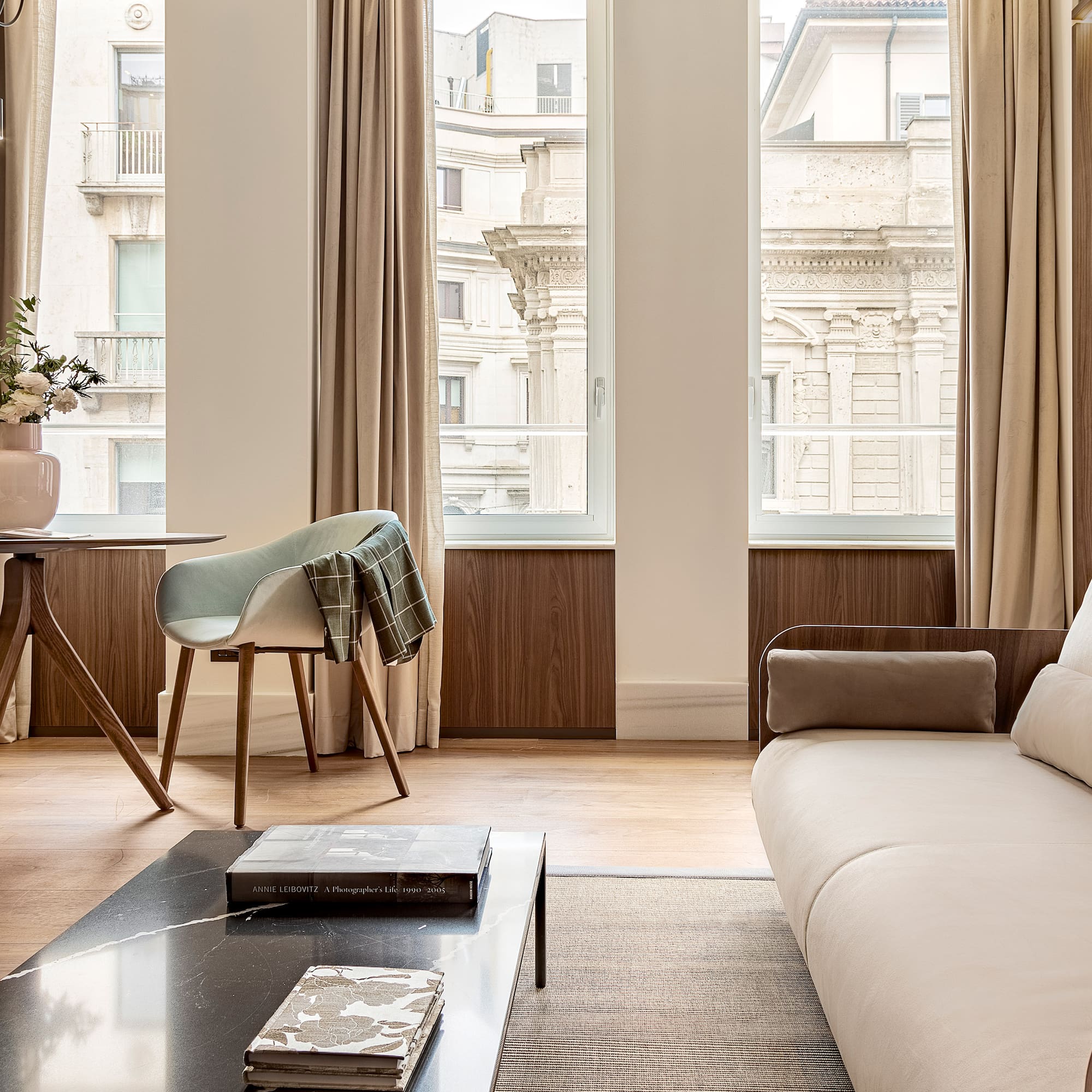 a living room with a couch and a table