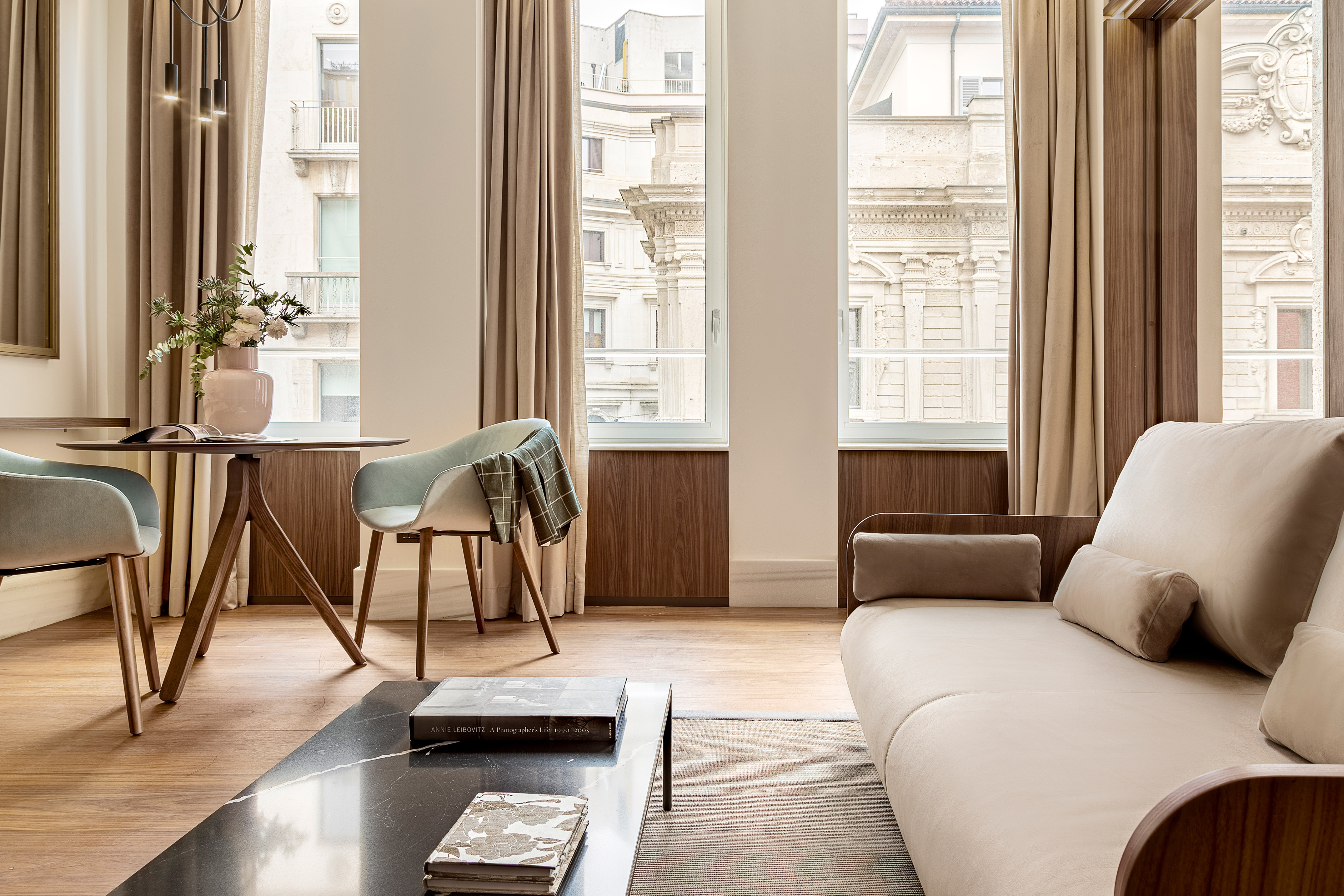 a living room with a couch and a table