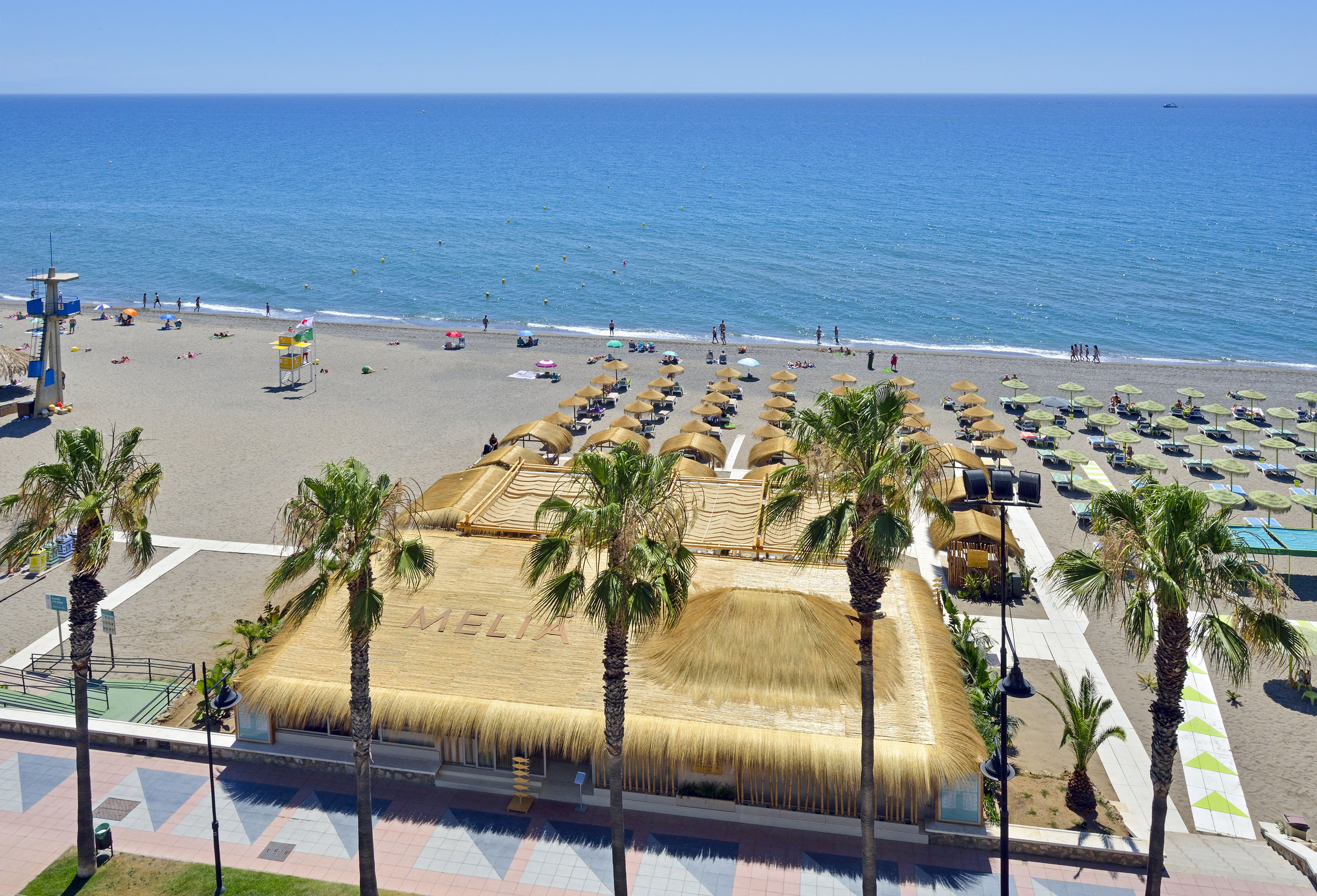 Sunny Melia beach club with palm trees, blue sea, and numerous beach umbrellas.