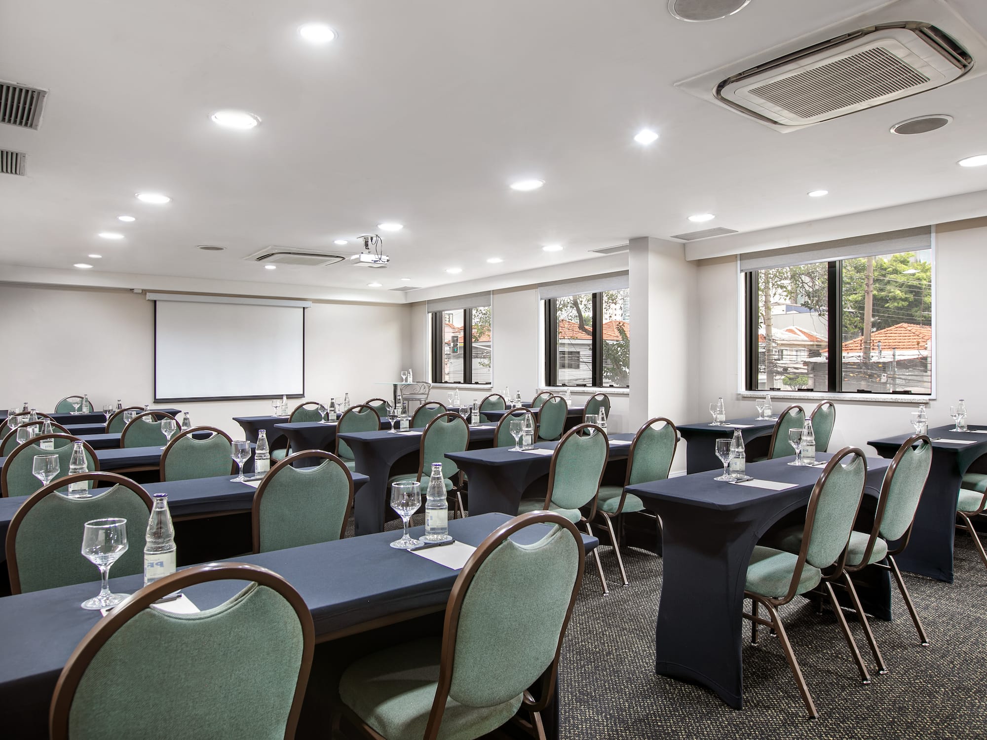 a room with tables and chairs