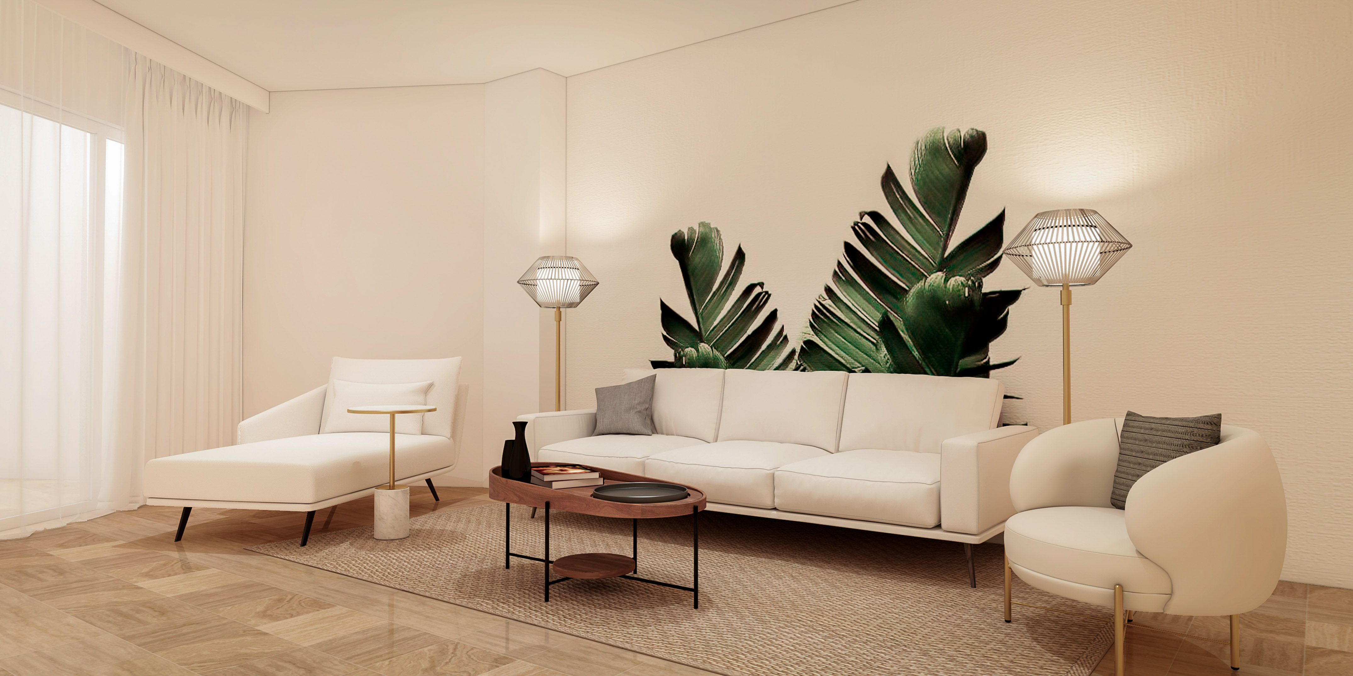 White modern living room with tropical leaf accent wall, sofa, and floor lamps.